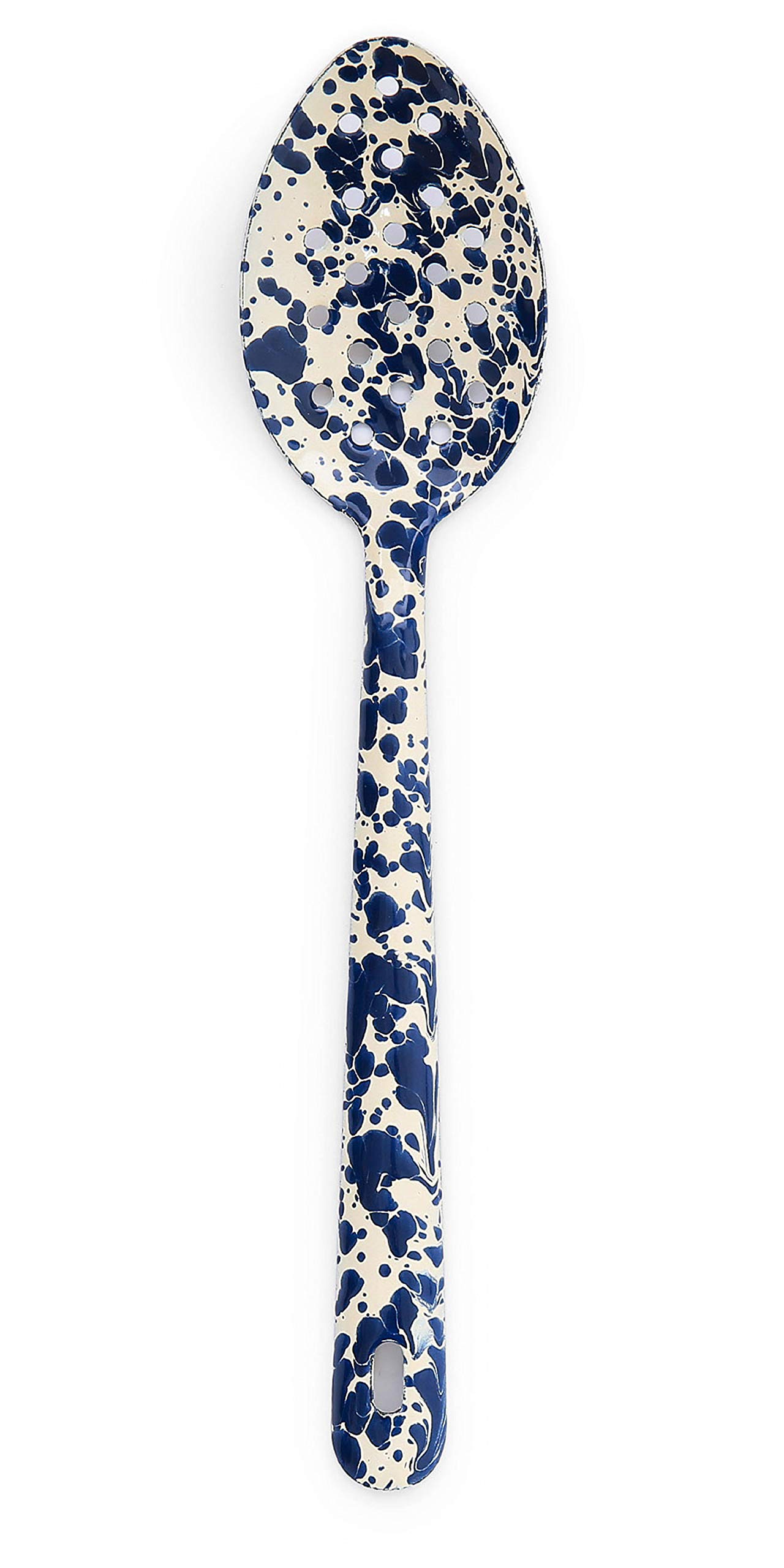 Enamelware Slotted Spoon, 12 inch, Navy/Cream Splatter (Single)