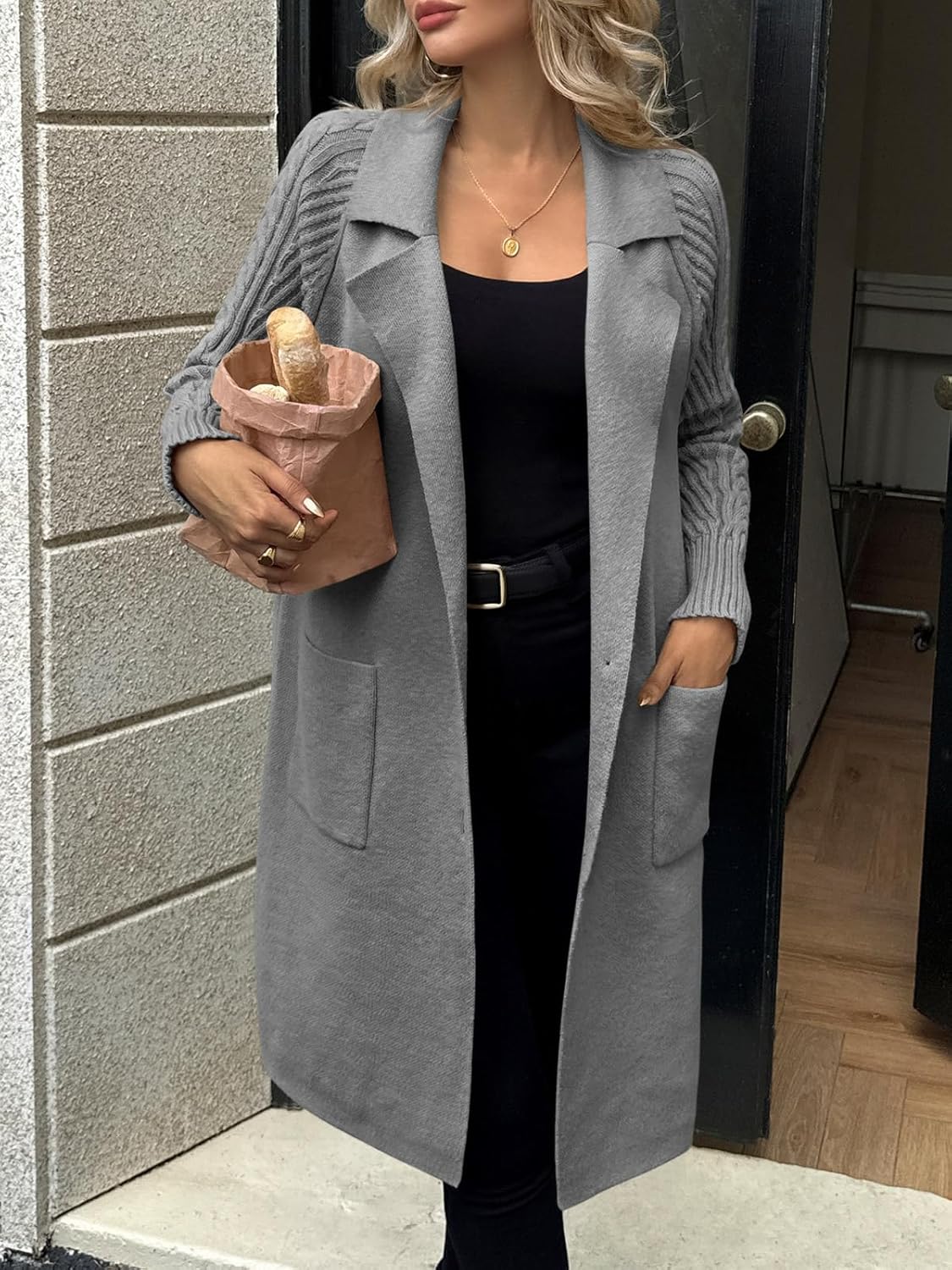 Saodimallsu Womens Long Cardigan Sweaters Chunky Knit Open Front Button Lapel Casual Fall Coatigan Jackets - Image 2