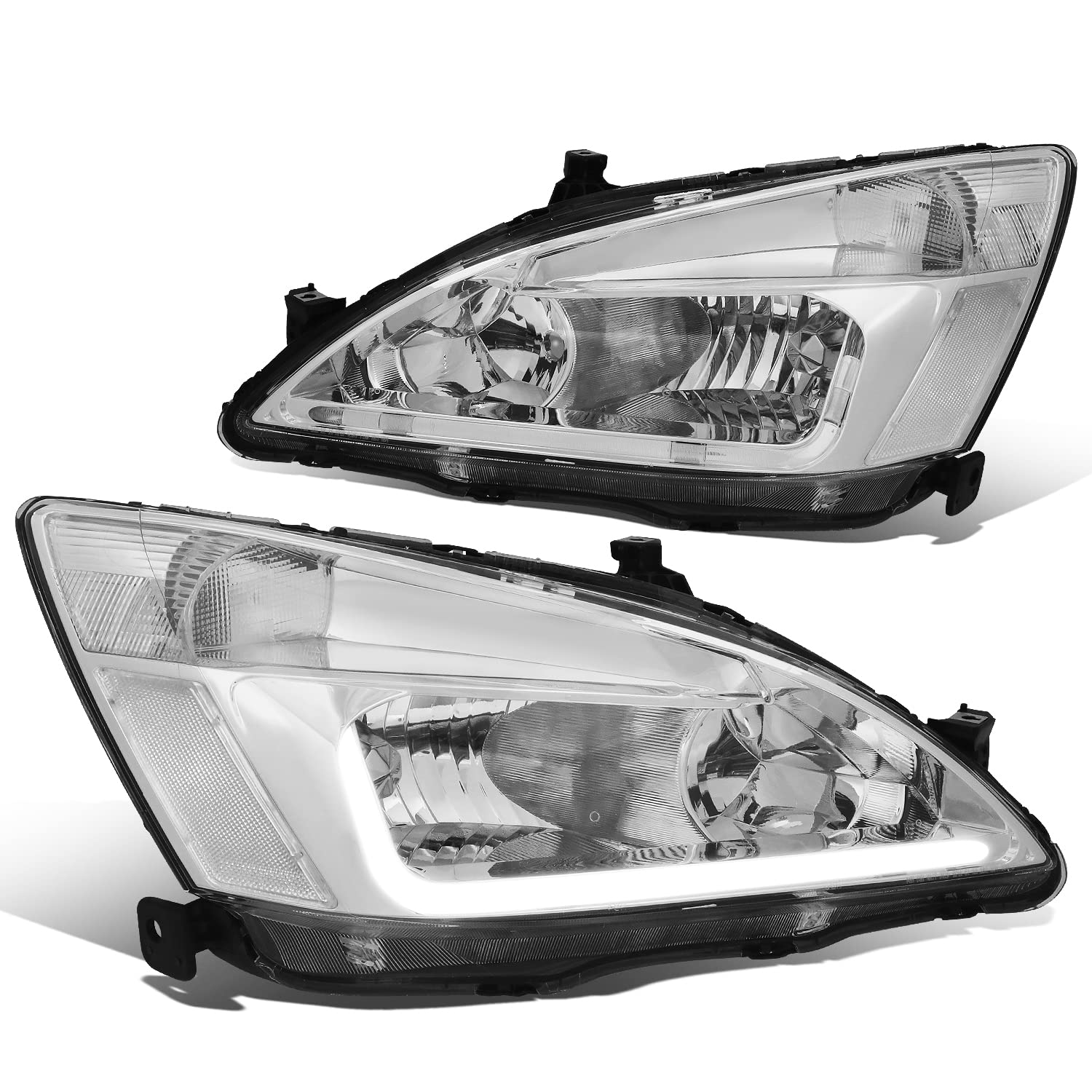 DNA MOTORING Pair Headlight Assembly, Chrome Housing Clear Corner w/LED Day Running Light, Compatible with 2003-2007 Honda Accord, HL-LB-HA03-CH-CL1