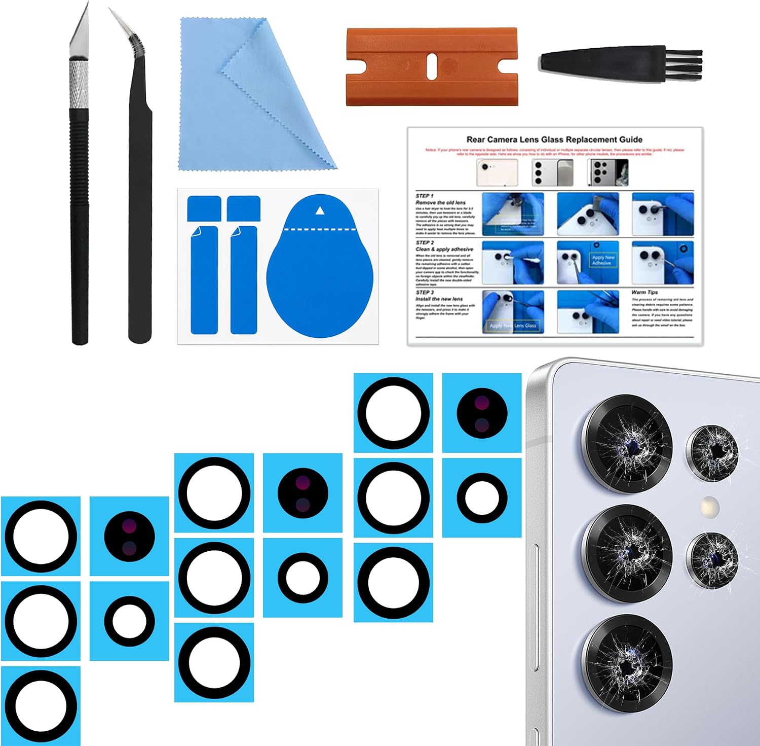 3-Pack Rear Camera Lens Glass Replacement Kit Compatible with Galaxy S25 Ultra, with Pre-Cut Tape + Repair Tools + Instruction Manual