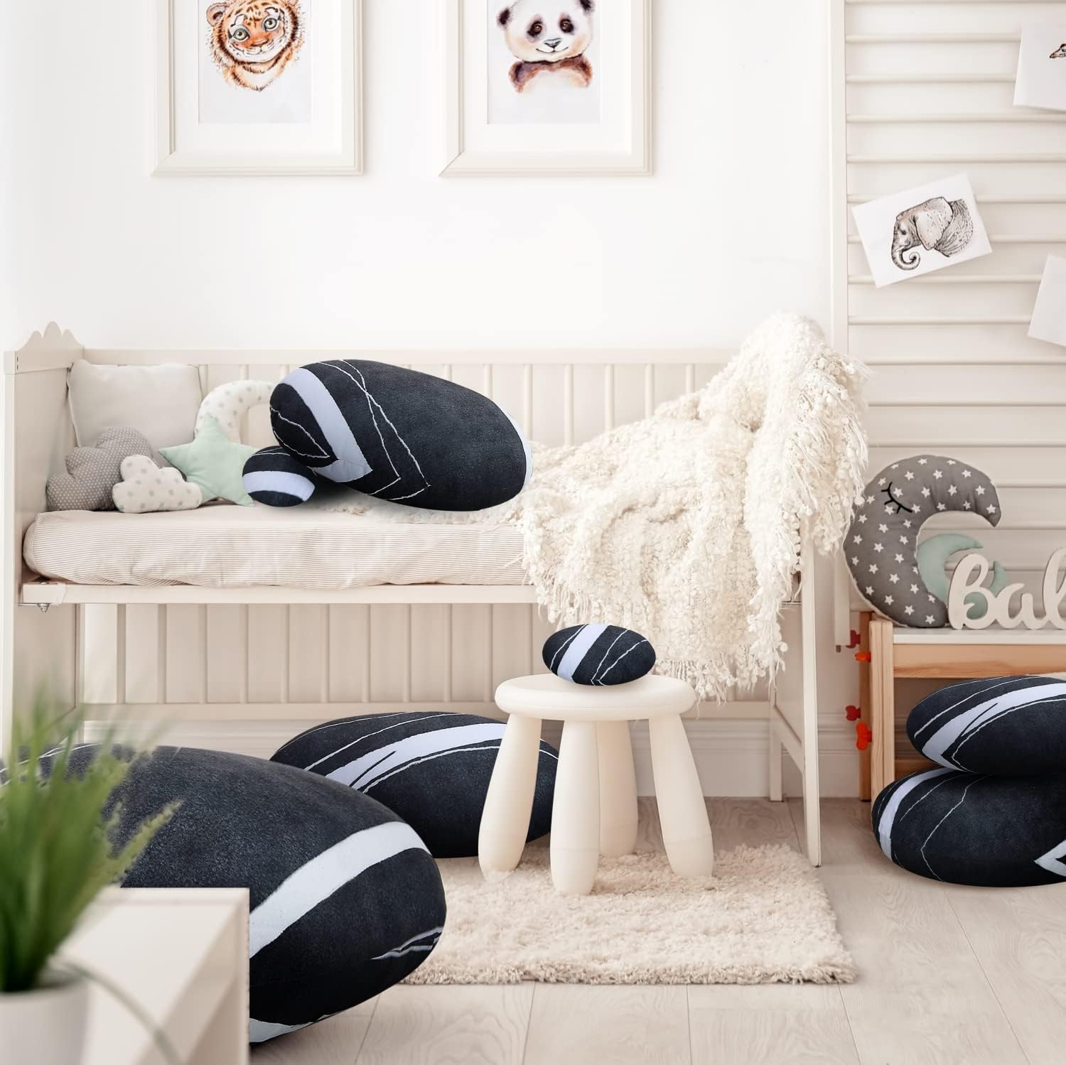 WOWMAX Three-Dimensional Curve Living Stones 7 Piece Set Floor Pillows Mixed Designs Home Decoration Stuffed Throw Pillows Black Cobblestone