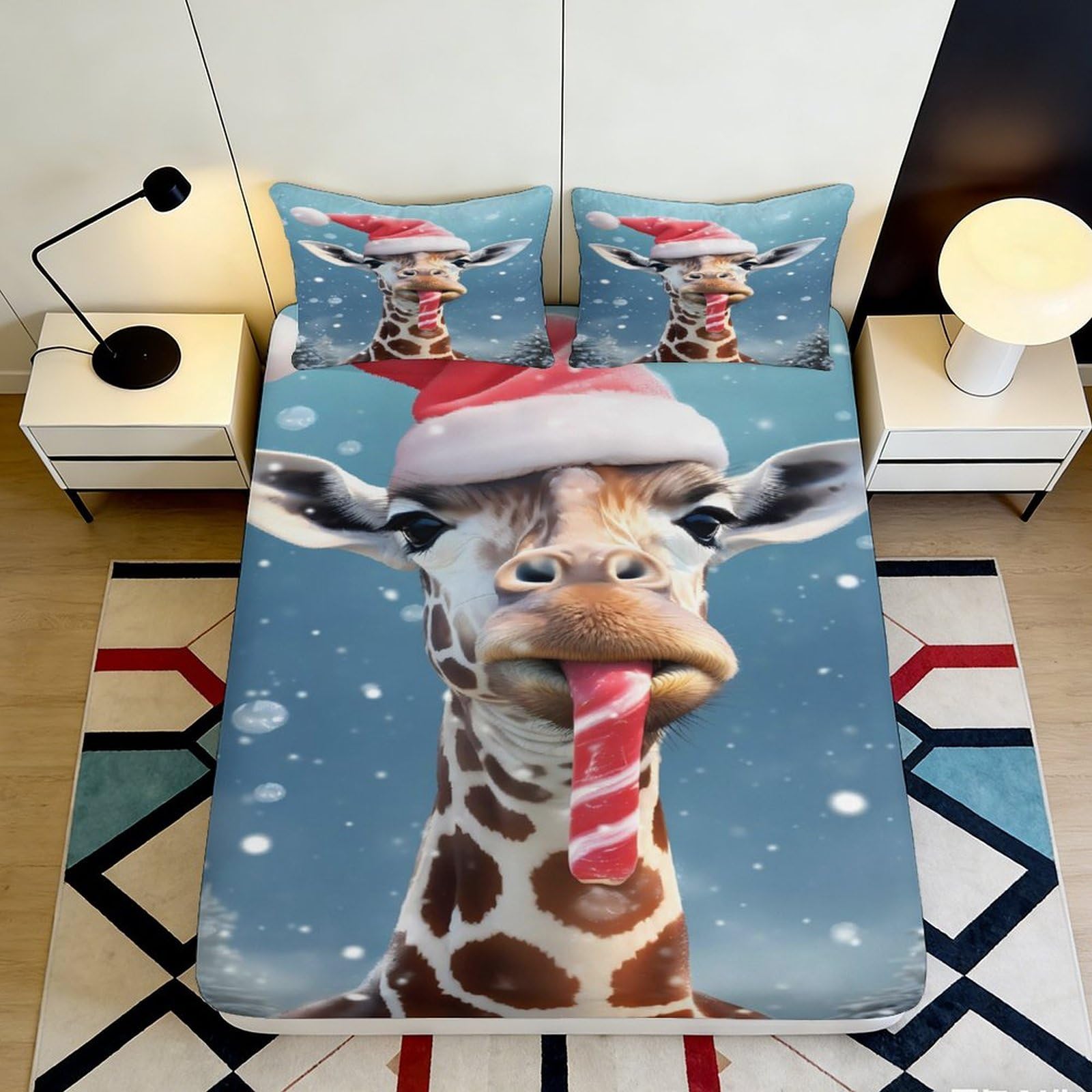 3D Printed Christmas Giraffe Fitted Sheet Microfiber Soft Decorative Santa Candy Bed Cover for Bedroom Guestroom 90x200x25cm