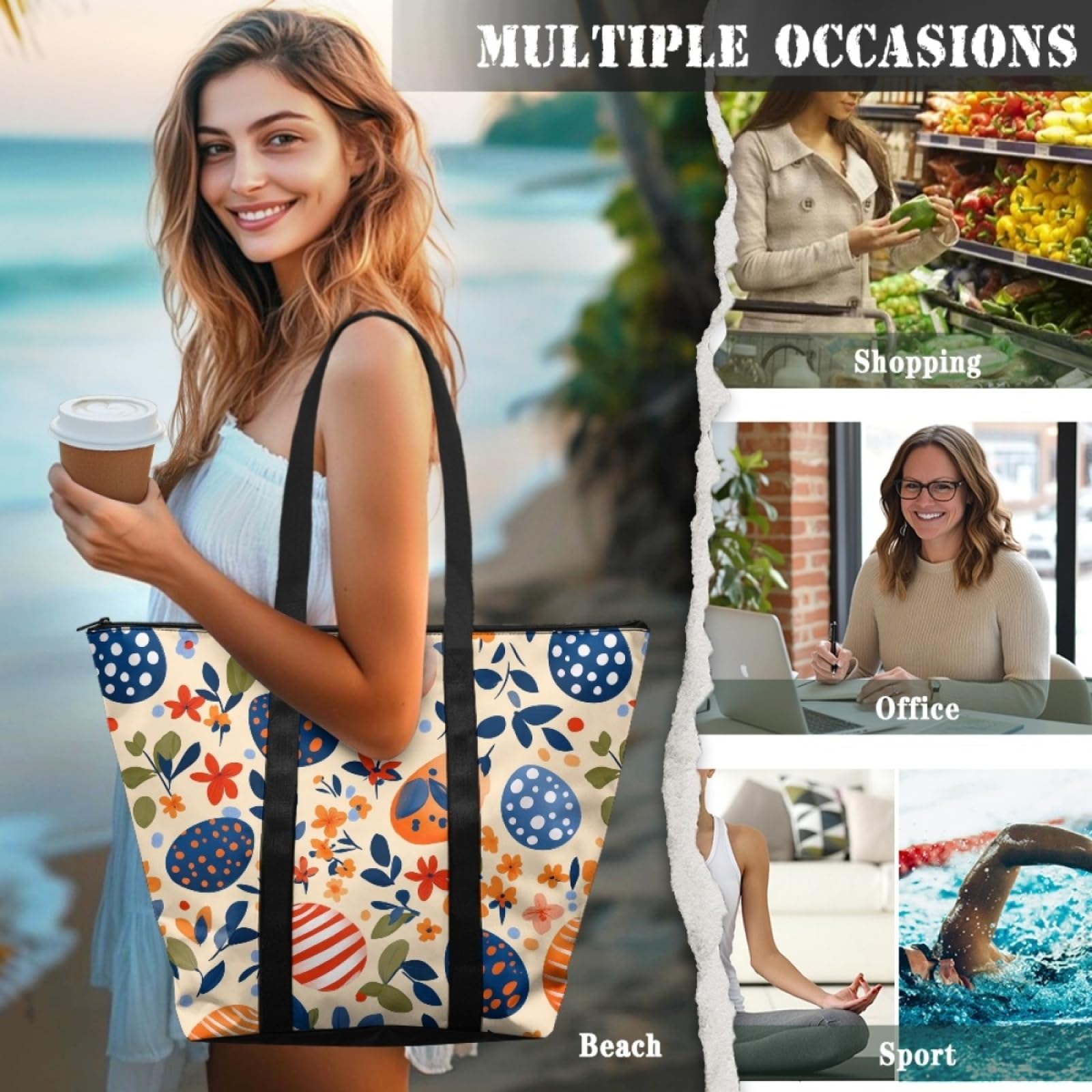 Tote Bag Tela Bolsa Tela Poliéster Bolsa Compra Plegable Bolso de Mano de Mujer Reutilizable Totebag Playa Cremallera Duradero Bolso Viaje