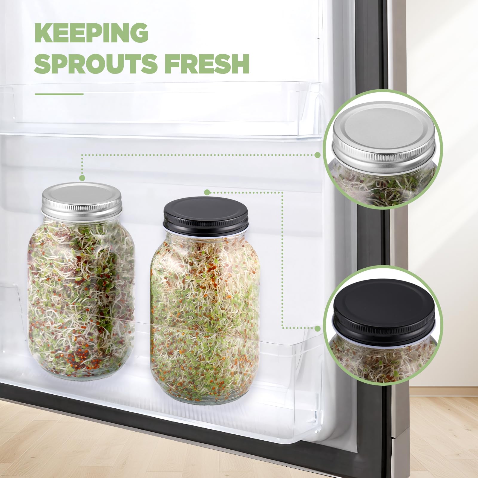 ecooe Sprossen Keimglas 2er Set - Sprossenglas mit Bambushalterung, Abdunklungshüllen, Filterkappe aus Edelstahl und 1 Wasserschale - 750 ml Keimgläser Set für Sprossen Brokkolisprossen Keimlinge