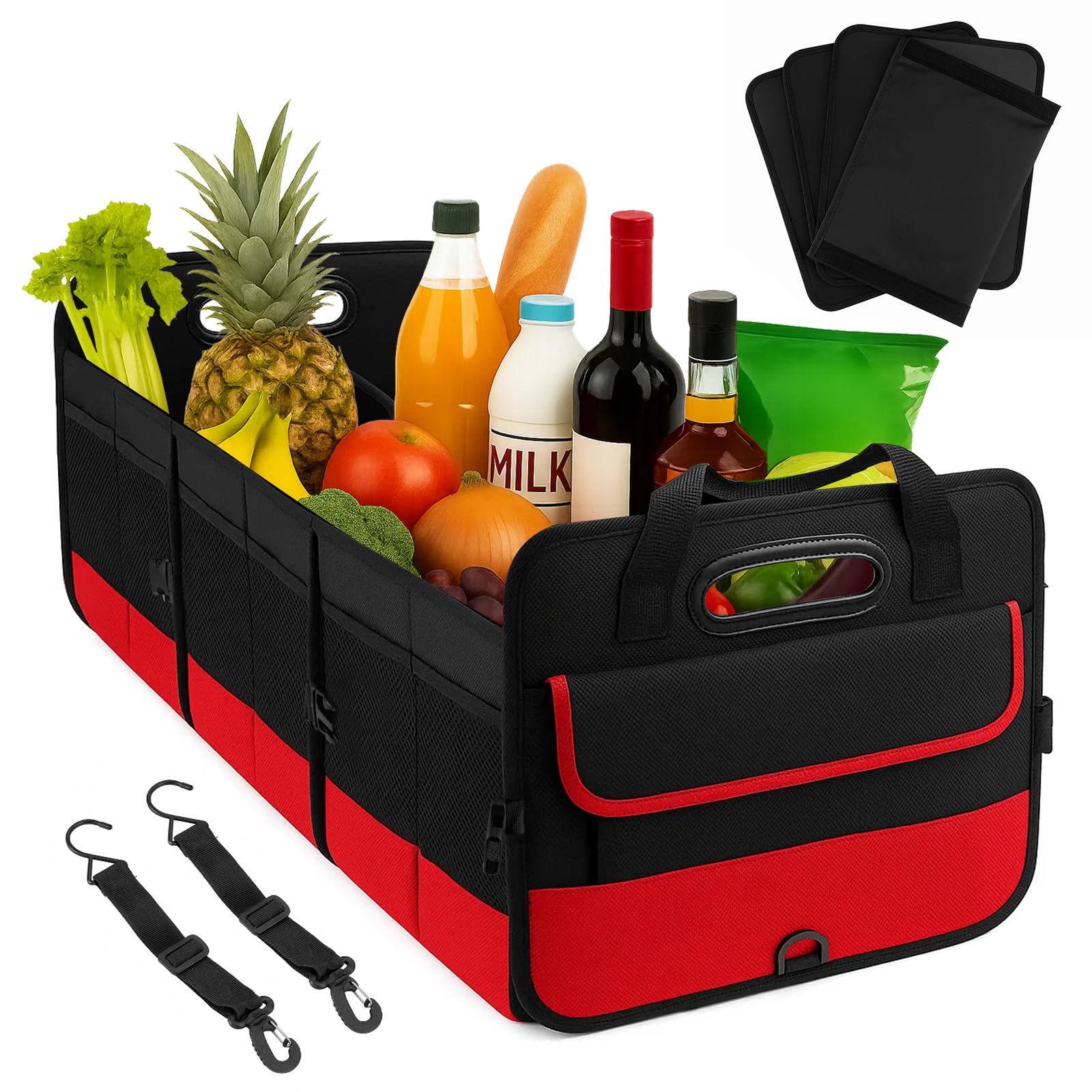 Sunnynest Red Car Boot Oganiser Universal Big Capacity Car Storage Box,With Divided Compartments,Fixed Big Trunk Organizer With Handles & Adjustable Straps, For Suv, Sedan, Truck (Red)