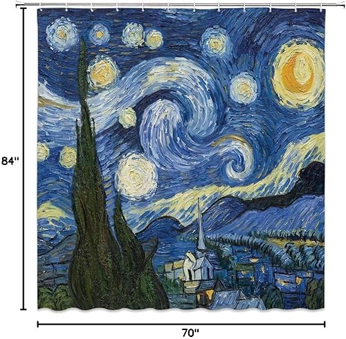 Miniatura 7 de Van Gogh - Cortina de ducha extra larga, pintura al óleo azul, arte abstracto, cielo azul, nubes blancas, estrellas, luna, paisaje, baño, decoración