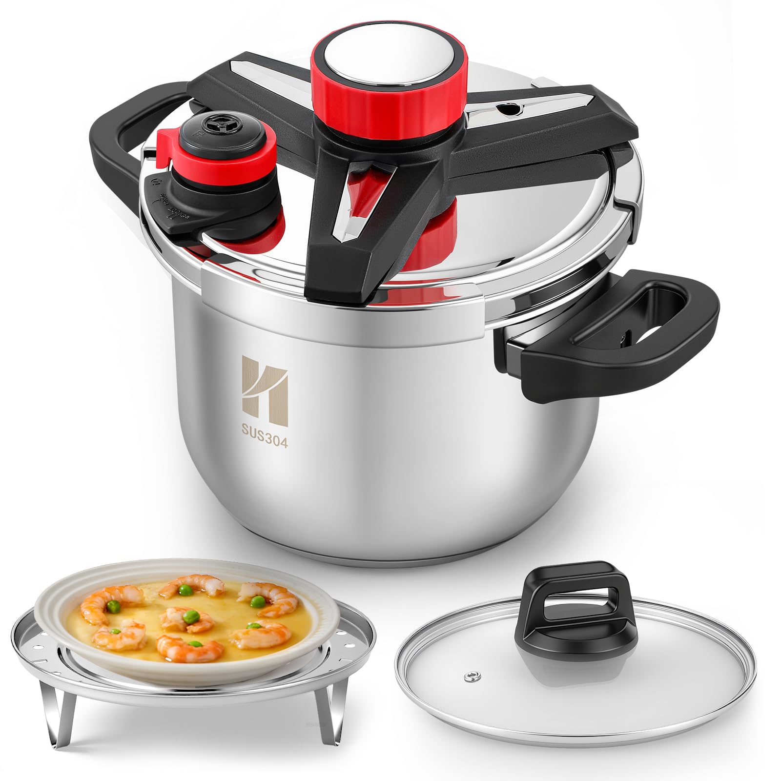 Huanyu 3-in-1 Pressure Cooker 6 Litres Stainless Steel Pressure Cookers with Steamer Plate and Glass Lid Explosion-proof Pressure Cooker Suitable for All Hob Types (6 L)
