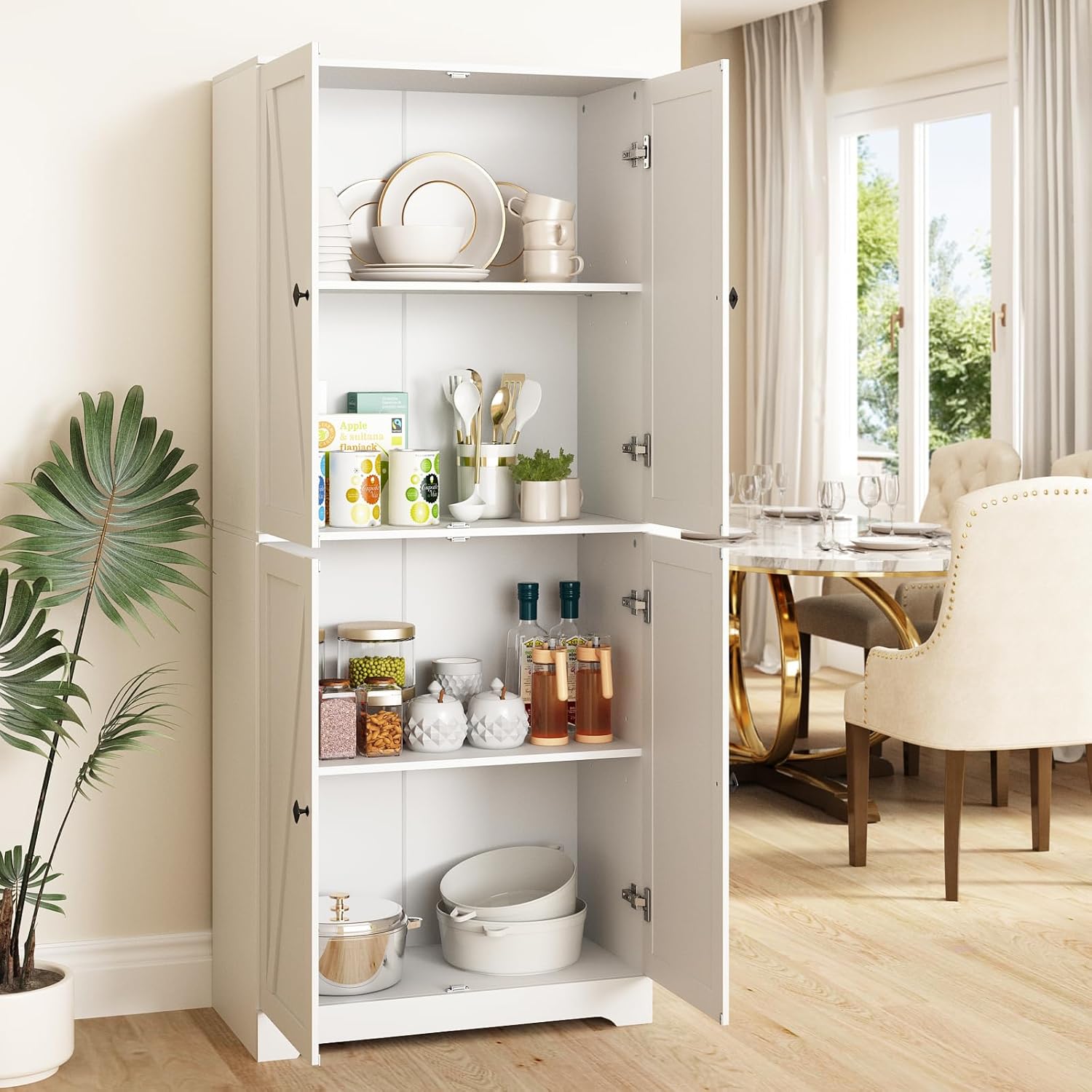 CARPETNAL 72" Tall Farmhouse Kitchen Pantry with Adjustable Shelves, Large Wood Storage Cabinet with Drawer & 2 Barn Doors, Freestanding Storage for Dining Room, Bathroom, Living Room, White