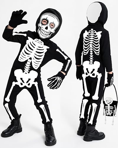 Miniatura 8 de Disfraz de esqueleto de Halloween, overol de huesos que brilla en la oscuridad con máscara y guantes para edades de 3 a 12 años (negro)