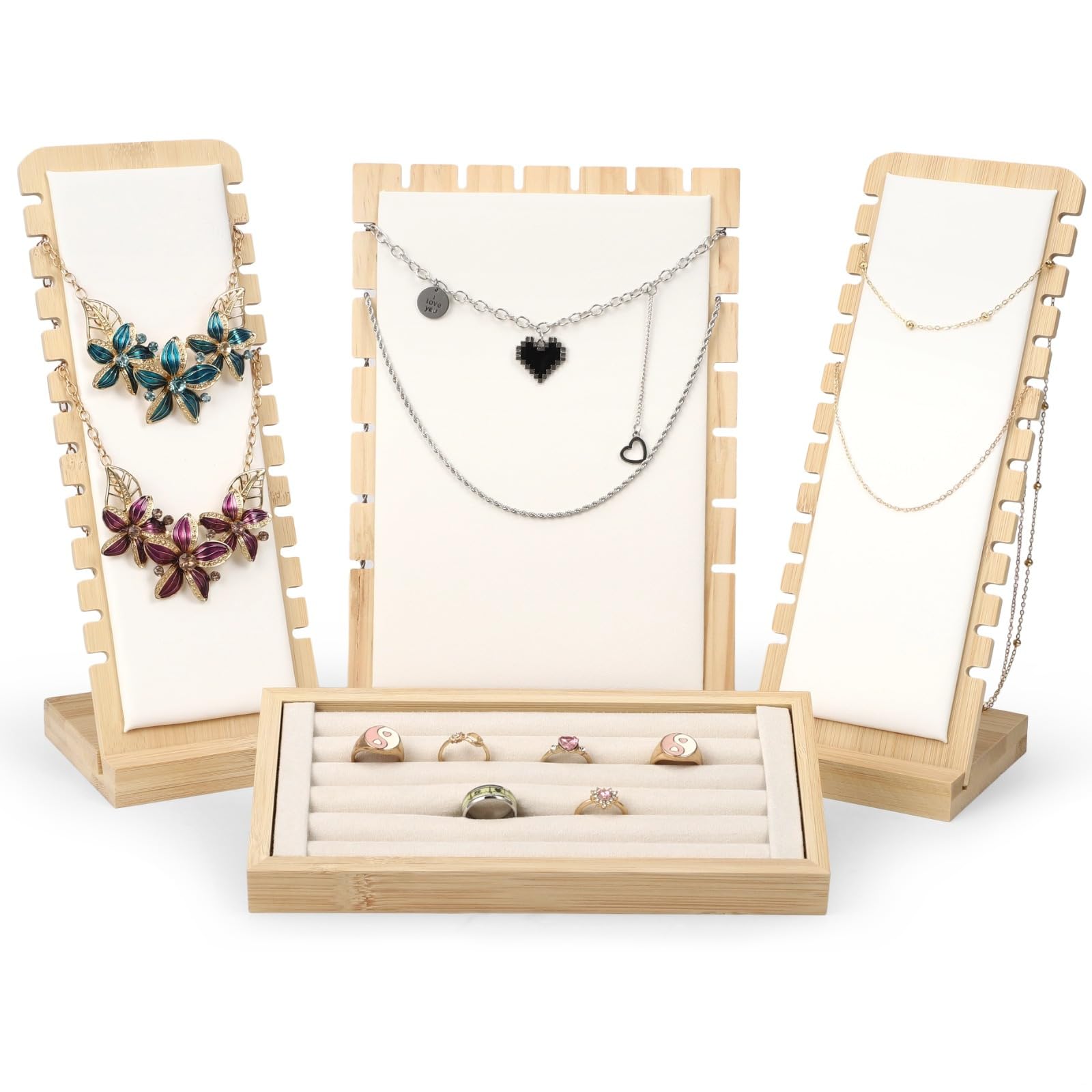 Juego de 4 soportes de exhibición de joyas de madera, soporte para collares con exhibición de anillos, tableros de exhibición inclinados, pulseras colgantes, organizador de cadenas para
