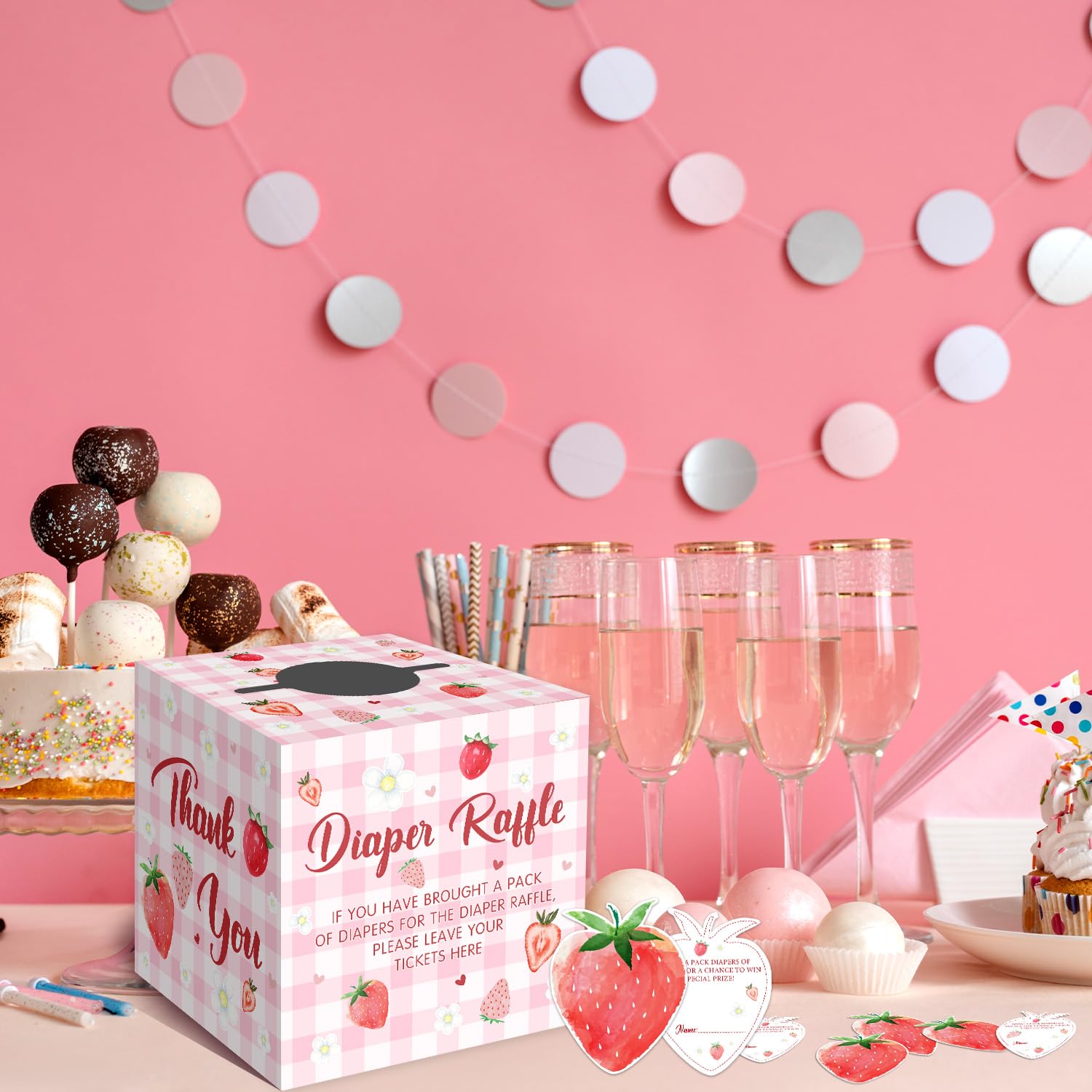 Berry Sweet Baby Shower Dekoracje - 50 szt. Różowa Truskawka Pielucha Loteria Bilety z Pudełkiem, Jagoda Słodkie Dziecko jest w drodze Dekoracje, Truskawka Baby Shower Pudełko na pieluchy