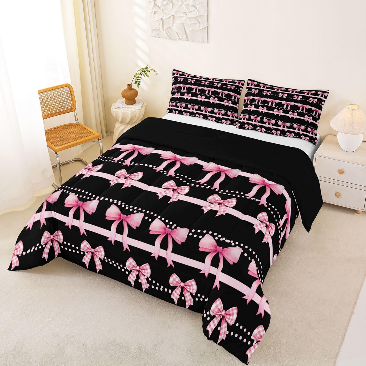 Homewish Preppy różowa kokarda pojedynczy zestaw kołdry - różowa kratka kokardki zestaw pościeli śliczna kokarda węzeł zestaw kołdry - księżniczka muszka bez przykrycia kołdra