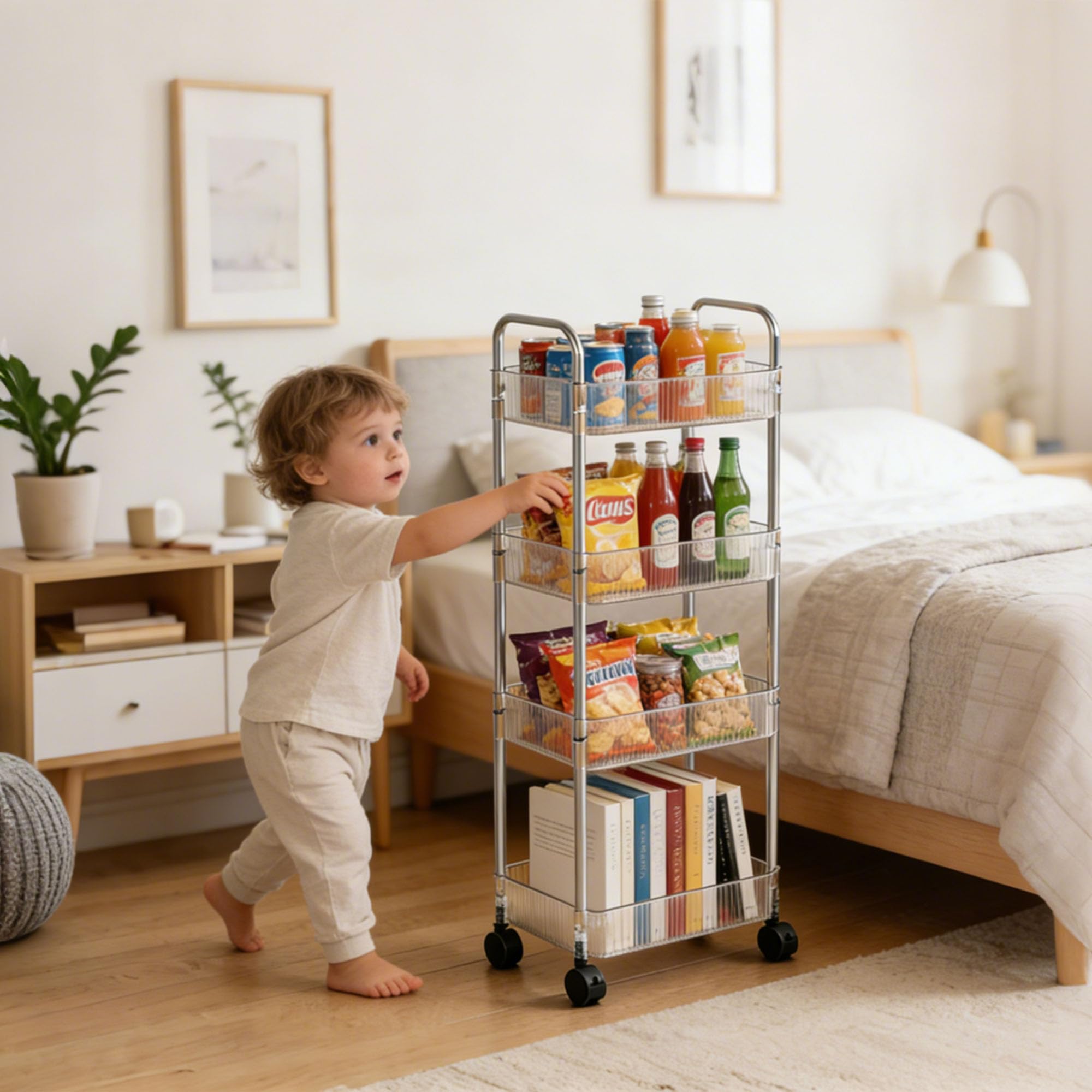 Carrello Portaoggetti a 4 Livelli, Carrello Con Ruote, Carrellino Piccoli Spazi, 90*31*20 cm, Carrello Con Ruote, Carrello Da Cucina Salvaspazio In Bagno Ufficio (Trasparente)