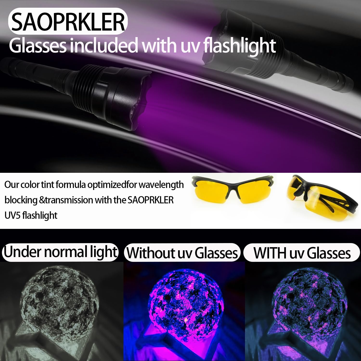 SAOPRKLER - Linterna UV de luz negra UV5 de 365 nm para todas las detecciones UV | Alta potencia, largo alcance, definición mejorada ultravioleta, haz de grado profesional, alto profesional, grado comercial
