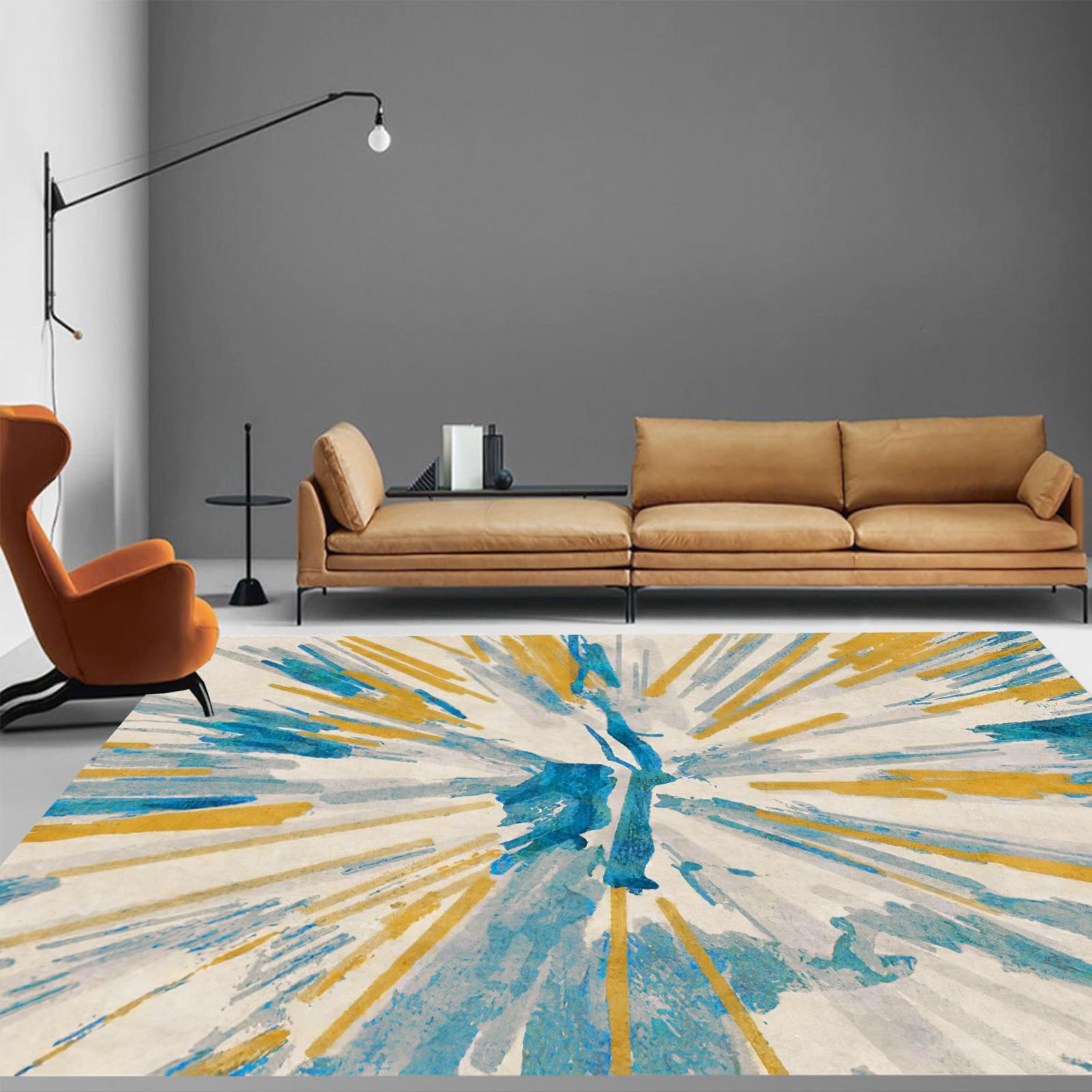 Tapis Salon Chambre à Coucher décoration,Gris Chaud, crème, Bleu Turquoise, Bleu Sarcelle Vert, Jaune Moutarde doré,Yellow,Rectangular 200 x 290 cm