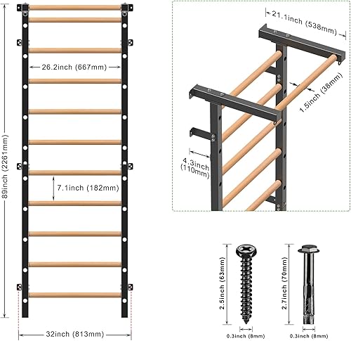 Miniatura 8 de Swedish Stall Bars 2"x2" with 1" Holes, Wall Mounted Wood Gym Ladder for Suspension Training, Home Gym, Calisthenics, Physical Therapy, School &