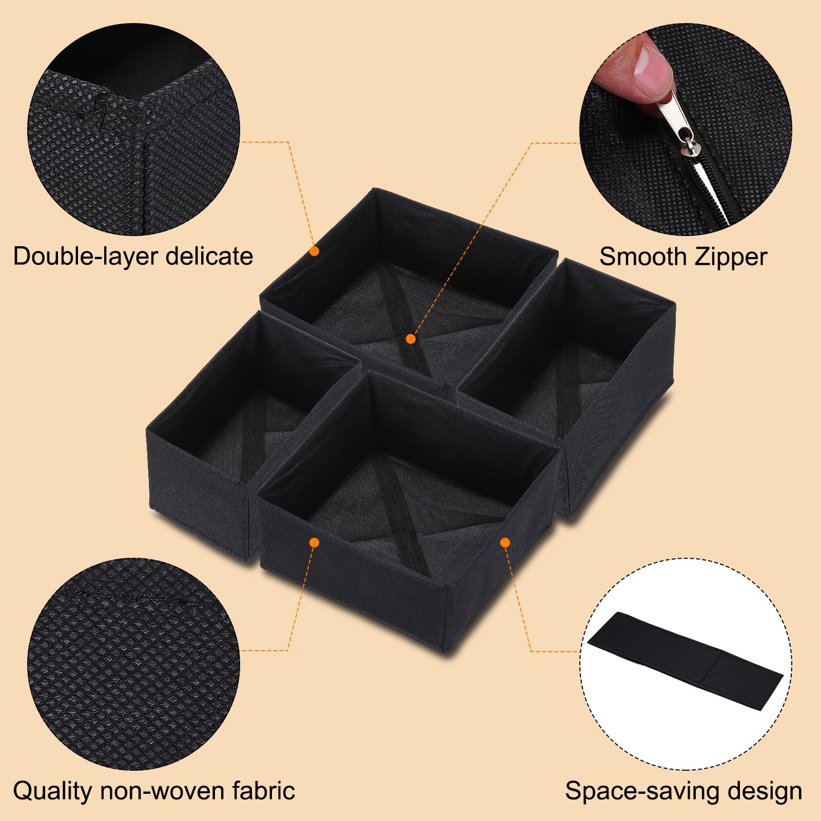 QUARKZMAN Zusammenklappbare Stoff-Aufbewahrungsbox 12 Fächer Schwarz | 1 Set, Socken Unterwäsche Schubladen-Organizer Körbe Behälter, Für Kleidung Socken Schals Krawatten, Stoff