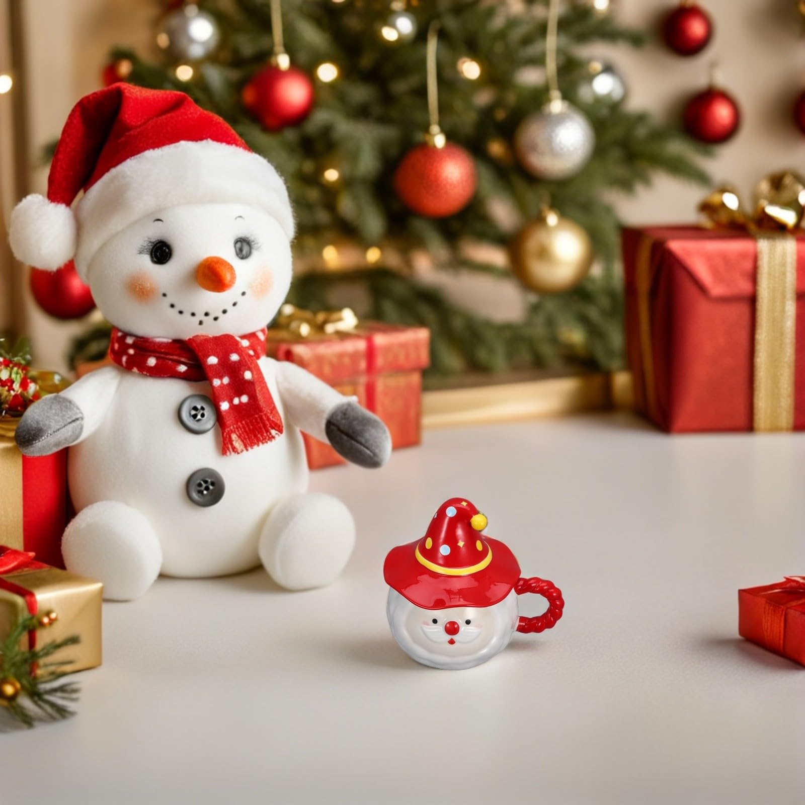 Housoutil Taza de Café Navideña con Tapa en Forma de Gorro, Taza de Cerámica 3d de Papá Noel.