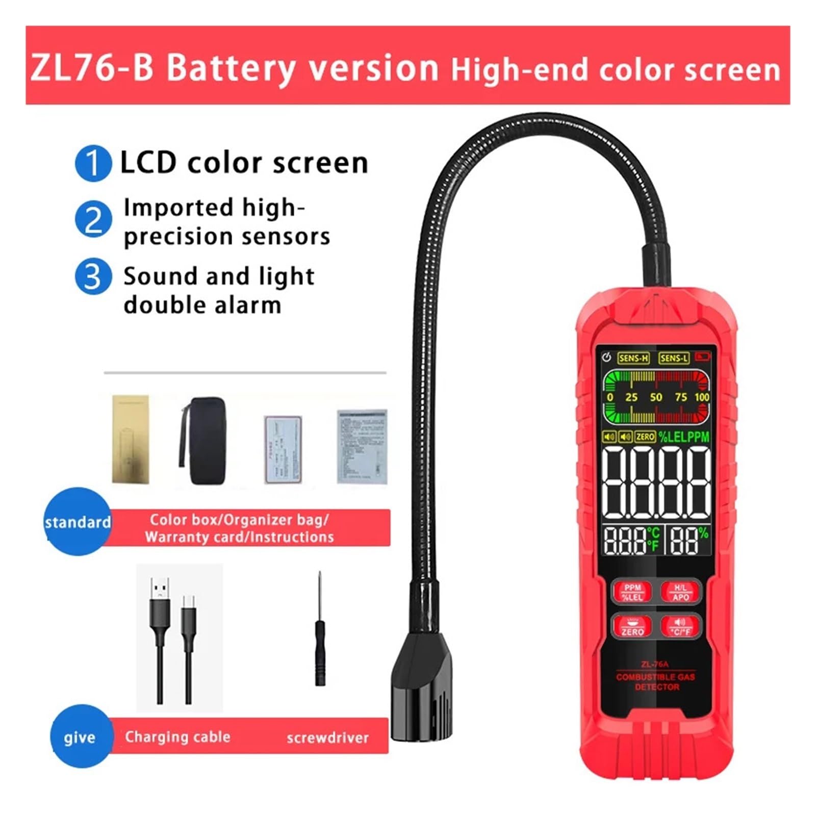 Detektor gazu, Analizator detektora wycieku gazu Metan Łatwopalny Palny Naturalny Tester Ekran LCD Dźwięk i alarm(ZL76B)