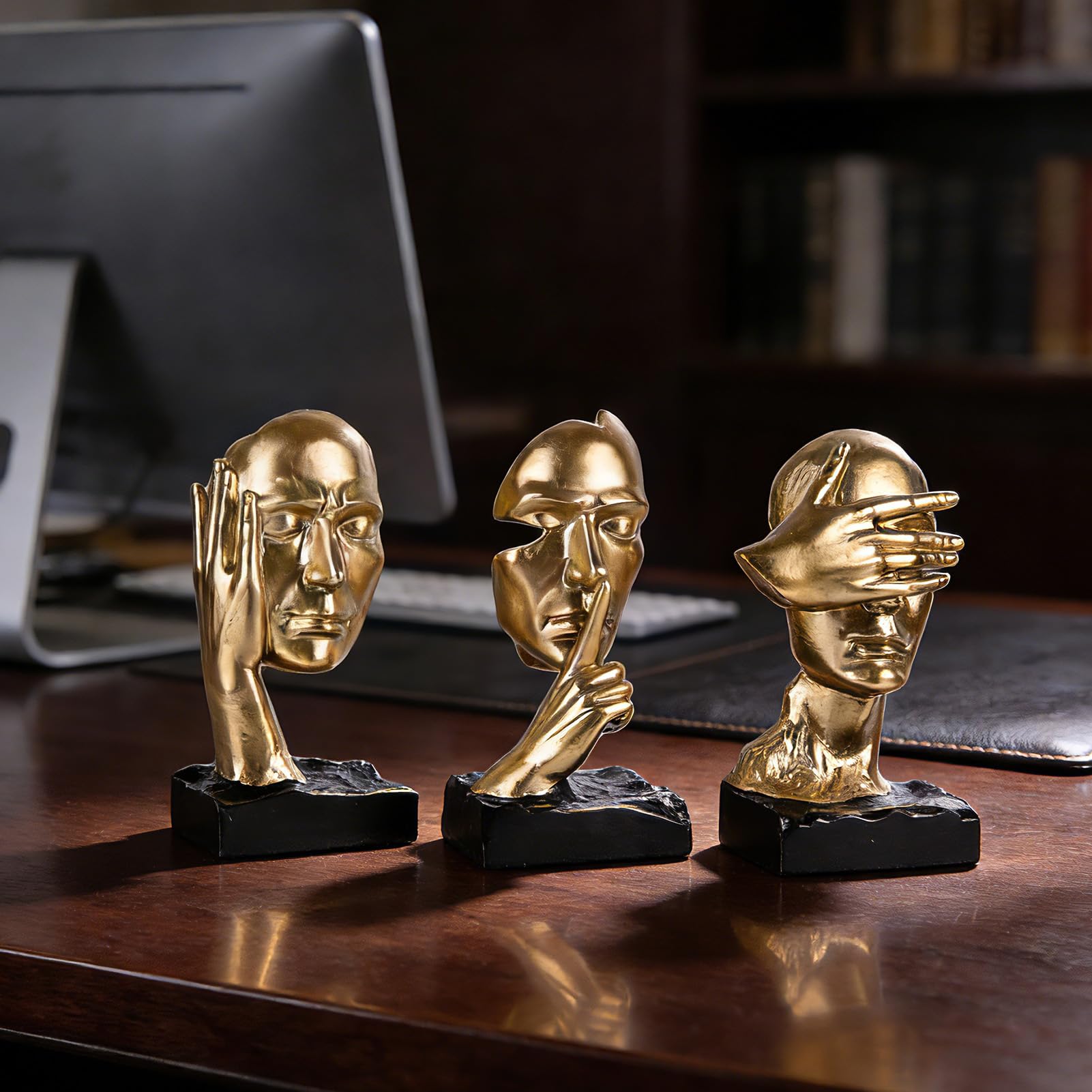 Set di 3 statue del pensatore con scritta in inglese "See No Evil Hear No Evil Speak No Evil, No Evil, No Evil, Scultura astratta, in resina, decorazione per casa, ufficio, soggiorno, mensola