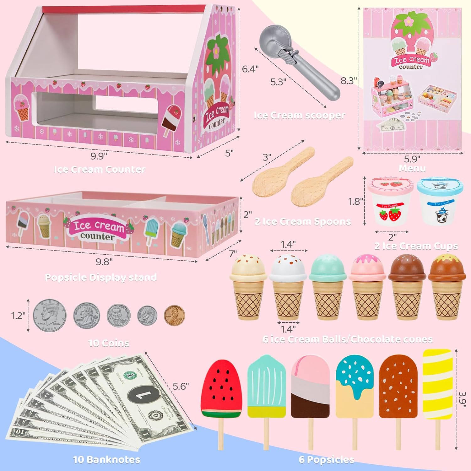 ZJEFUNS Wooden Ice Cream Toys for Kids Ice Cream Counter Shop for Toddlers Pretend Play Food Scoop and Serve with Scoop & Menu & Fake Money for Boys and Girls Ages 3 4 5 6 (Pink)