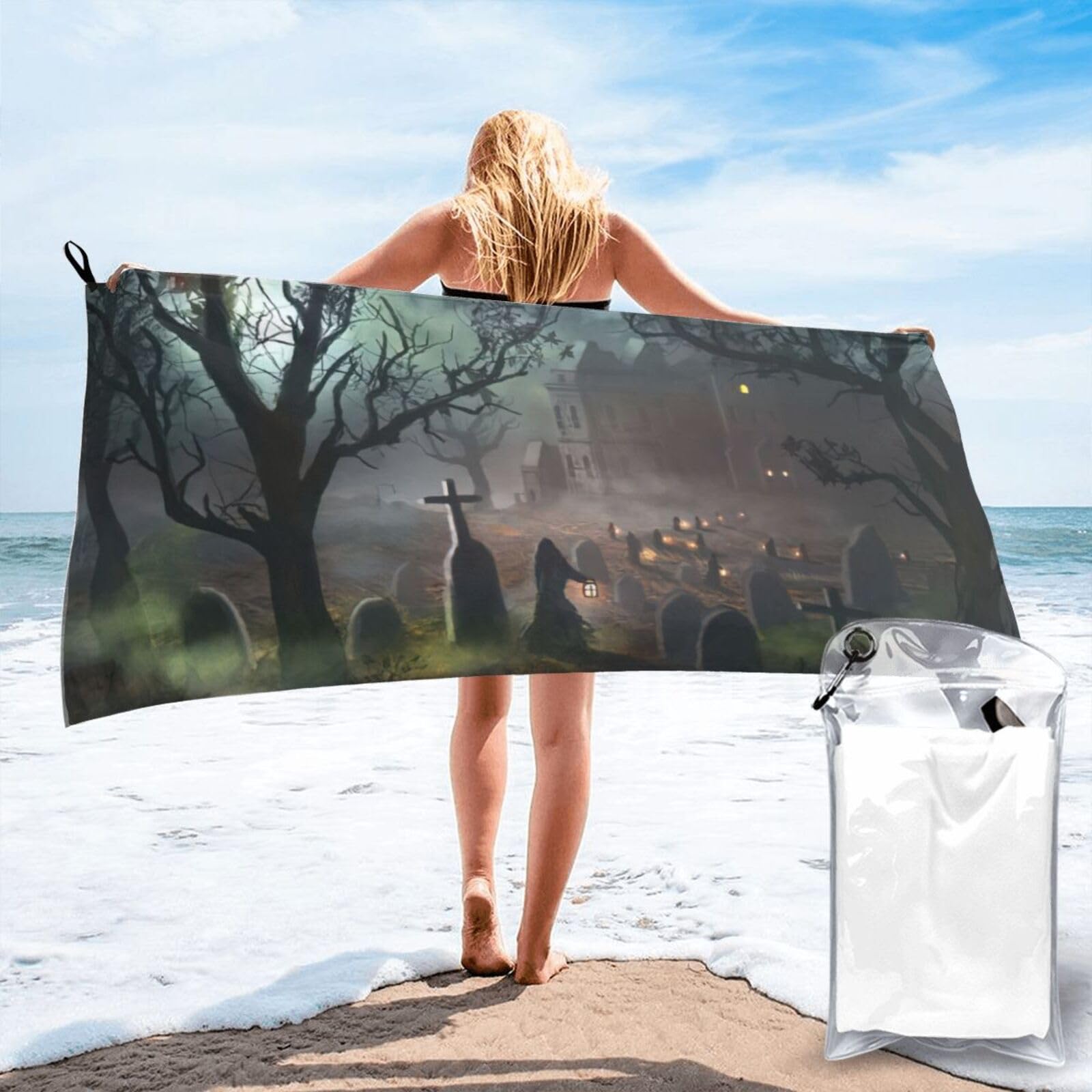 ENGhjes Halloween Horror Print Camping Towel Fast Drying Bath Beach Shower Wrap For Gym Camping Vacation Adults Portable Gift
