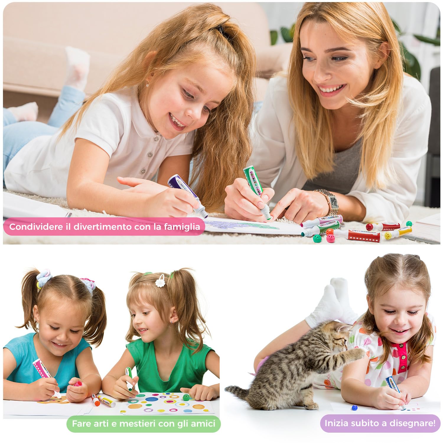 Ohuhu Pennarelli per bambini 12 colori super lavabili (40 ml) con libro di attività in bianco di 30 pagine - Penne Bingo a punta tonda di sicurezza non tossica per la scuola dell'infanzia