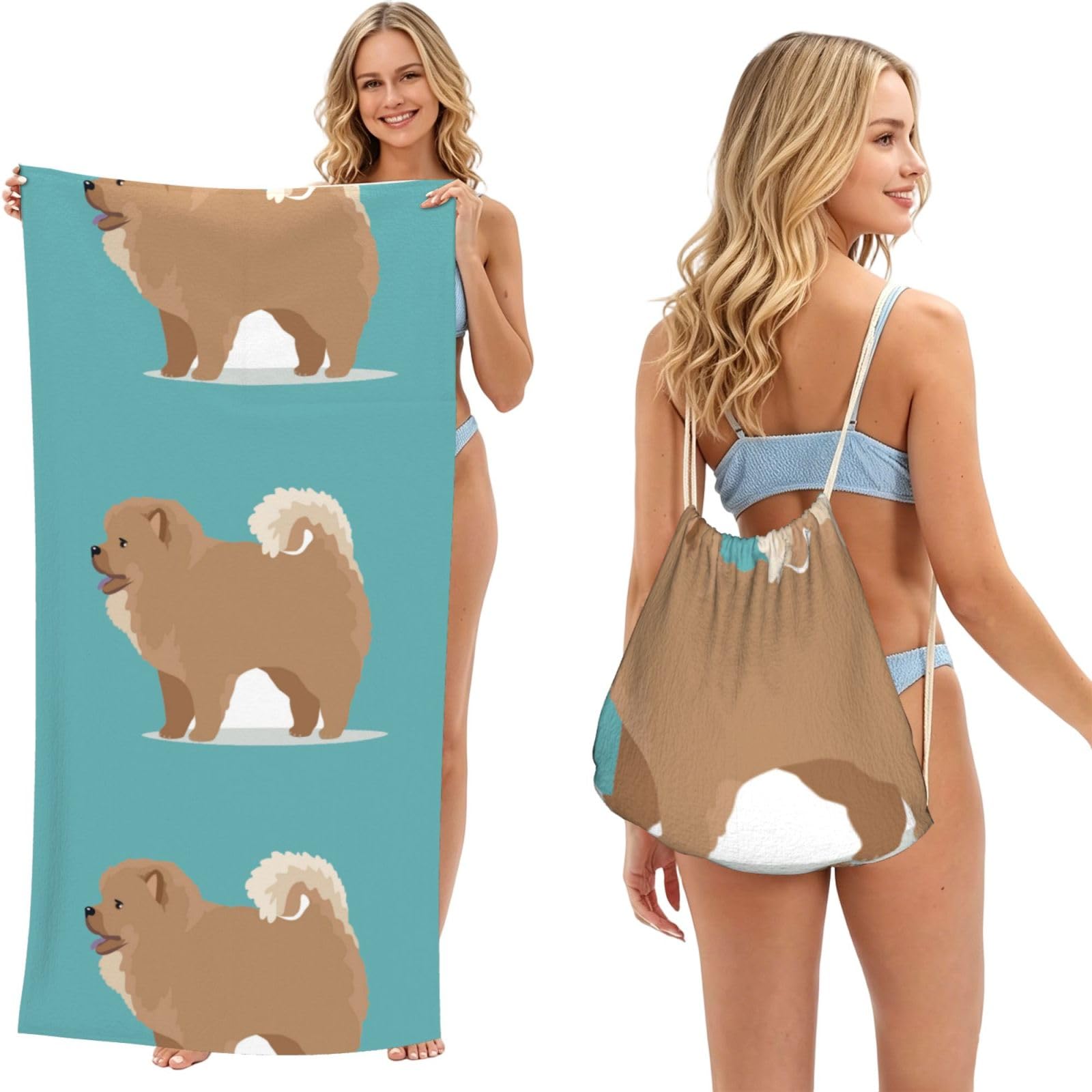 Poadnly As Picture Chow Chow Dog, 2 In 1 Packable Towel Bag, Beach Towels With Drawstring Backpack For Travel Holiday Camping