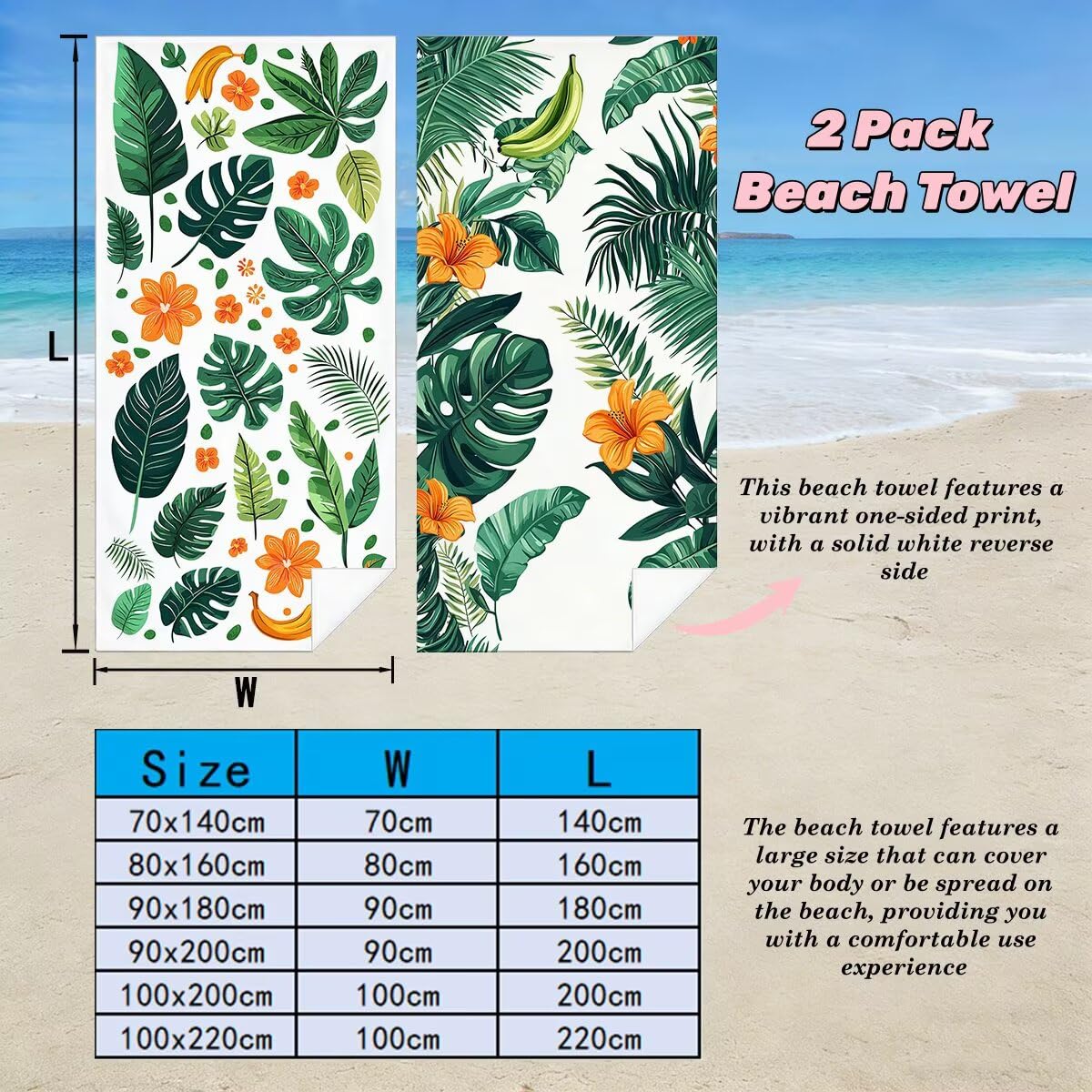Ręcznik plażowy XXL, 90 x 180 cm, zestaw 2 szt., ręcznik plażowy z mikrofibry, szybkoschnący, do sauny, fitness, bez piasku, ręcznik plażowy, do sauny, duży ręcznik kąpielowy, prezent dla kobiet -4809