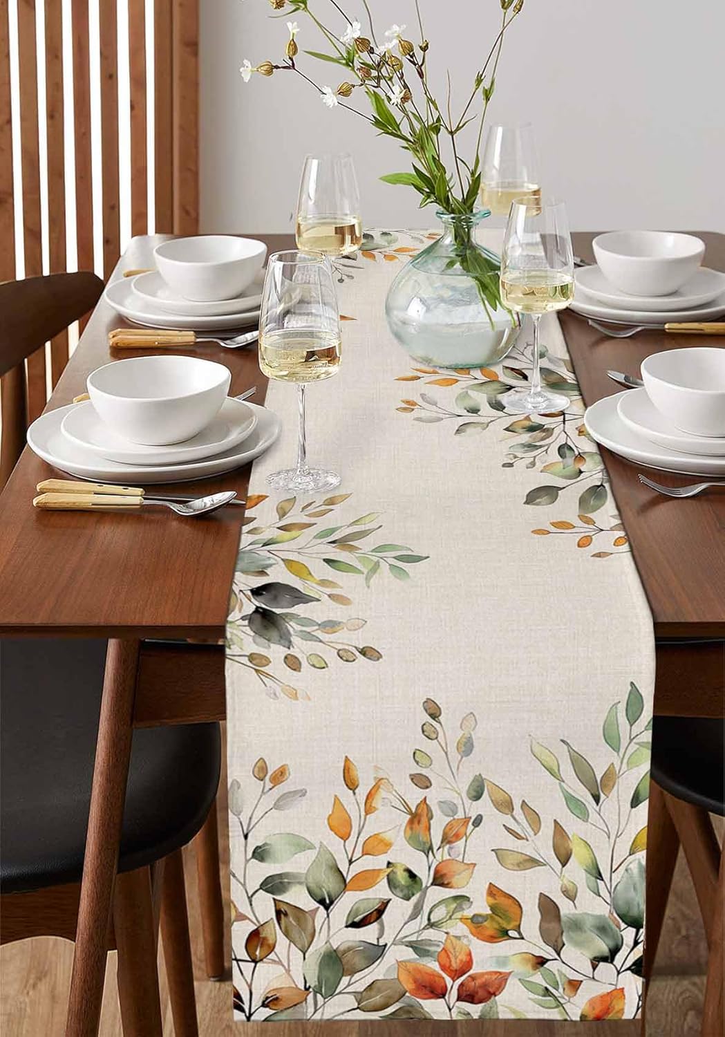 Fall Sage Green Table Runner 120 Inches Long Eucalyptus Leaves Linen Background Coffee Table Runner Kitchen Dining Table Decoration for Home Party Holiday 13 x 120 Inch