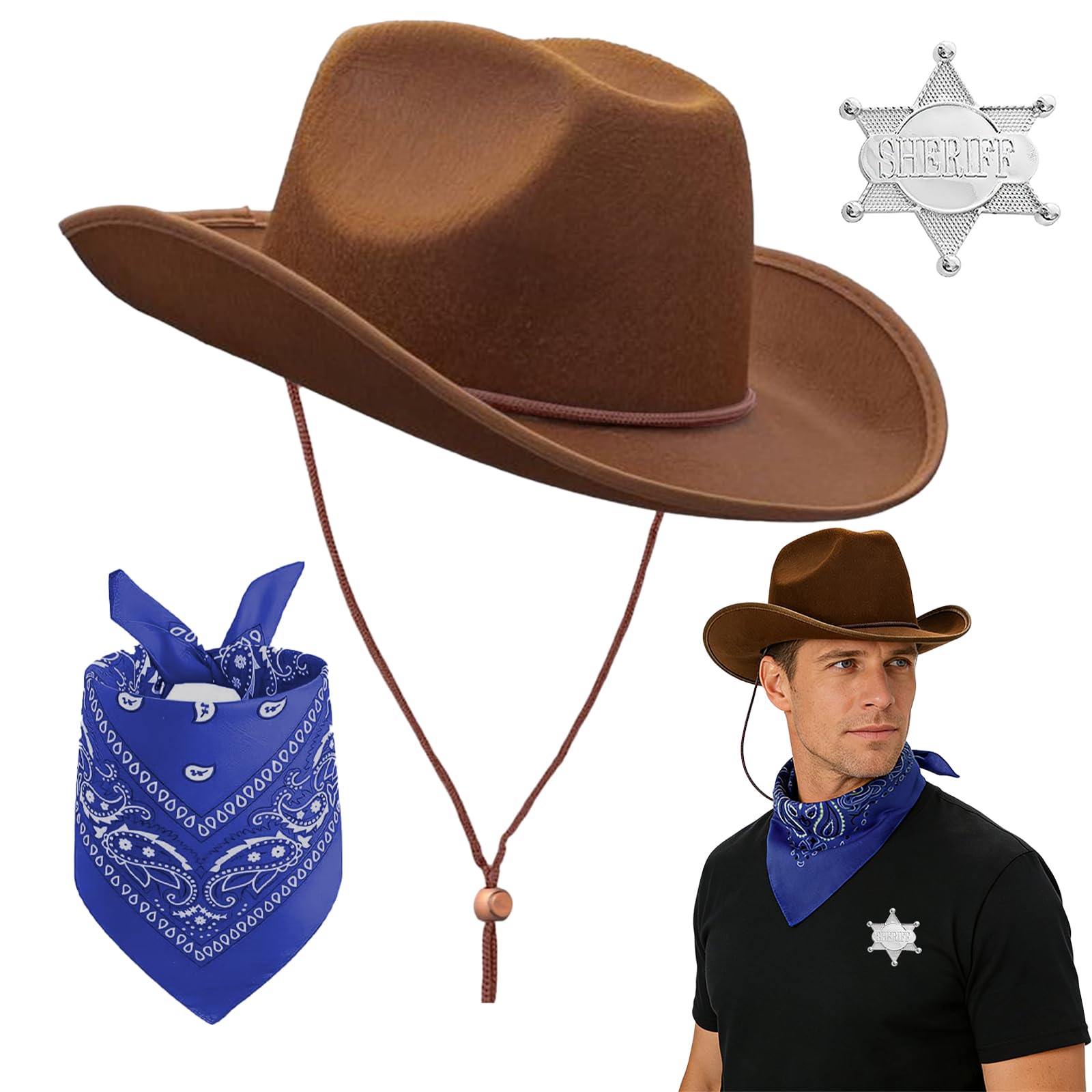 RenSton 3 PCS Cowboy Hat, Cowboy Accessories Set with Brown Hat, Blue Paisley Bandanna and Sheriff Badge, Western Fancy Dress for Halloween Birthday Carnival Cosplay Party