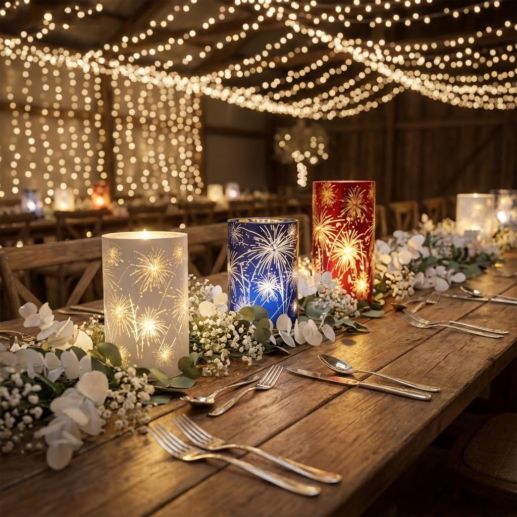 Set of 3 LED Hurricane Candle Holders with Warm White Twinkling Lights, Etched Firework Starburst Glass Pedestal Centerpiece for Mantel, Dining Table, Wedding and Holiday Decor