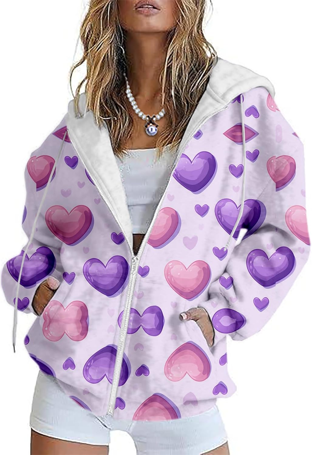 MARSVOVO Cute Love Heart Hooded Sweatshirt Women Dressy Casual Zip Up Hoodies Spring Fall Long Sleeve Blazers Jackets