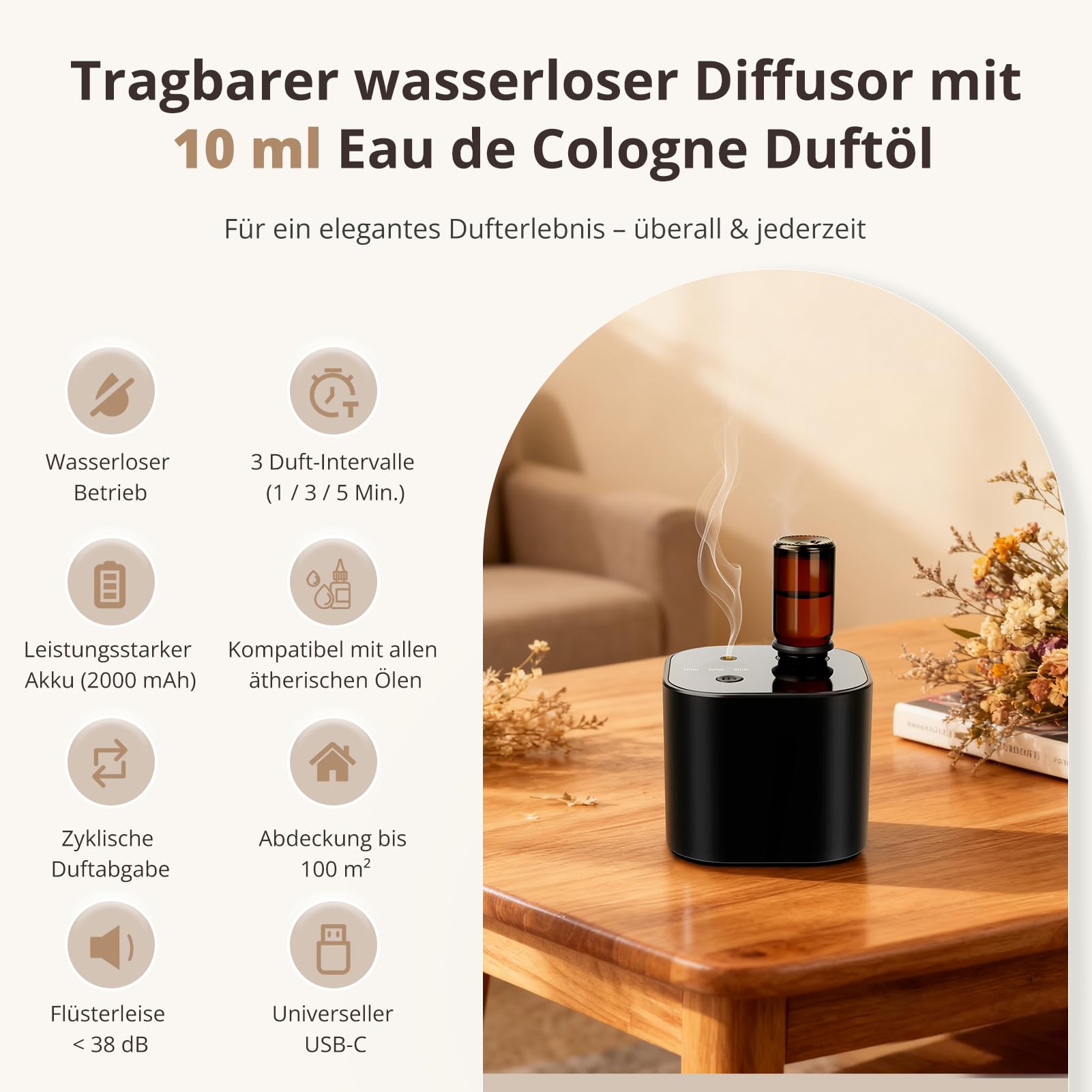 Diffuseur d'huiles essentielles sans fil - Diffuseur d'aromathérapie avec 10 ml d'huile de thé blanc et 3 modes de pulvérisation, air froid ultrasonique silencieux, batterie 2000 mAh et USB-C pour la