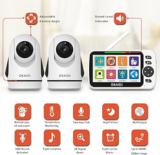 OKAIDI Video Baby Monitor with 2 Cameras, 5 Inch Screen, WiFi Free Baby Monitor, 30H Battery and 1000ft Range, Pan/Tilt Baby Camera