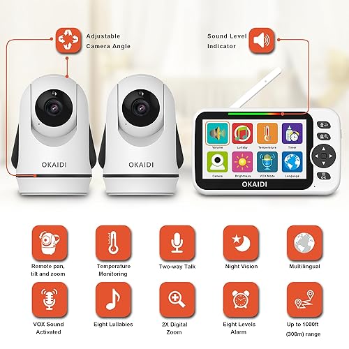 Miniatura 2 de OKAIDI Monitor de video para bebés con 2 cámaras, pantalla de 5 pulgadas, monitor de bebé sin WiFi, batería de 30 horas y rango de 1000 pies, cámara
