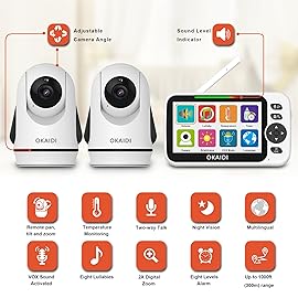 OKAIDI Video Baby Monitor with 2 Cameras, 5 Display Baby Monitor No WiFi, 30H Battery and 1000ft Range, Remote Pan-Tilt-Zoom Baby Camera, 2-Way Talk, 8 Lullabies, for Baby Pet Elderly