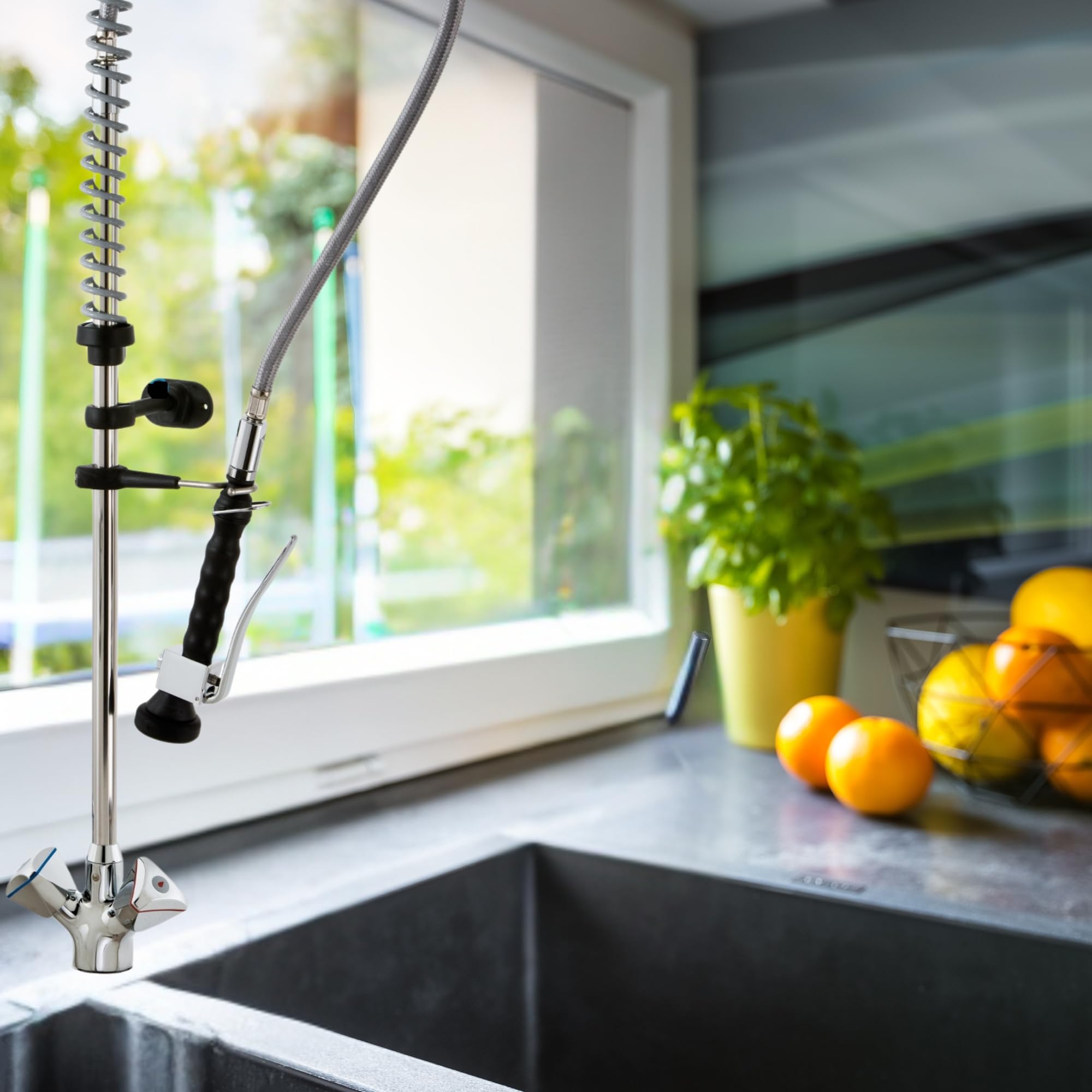 Geschirrwaschbrause für Gastro Küchen - 120 cm Höhe - AISI 304 Edelstahllegierung - Lochbohrung 29mm - biegsamer Wasserhahn Armaturen Gastronomie Wand Armatur