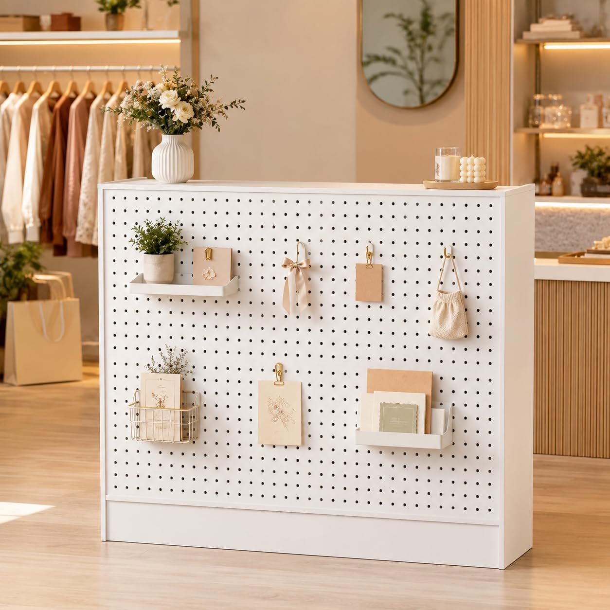 Mostrador de Recepción Blanco 120cm con Panel Perforado – Caja Registradora con 3 Estantes Ajustables, 2 Cajones con Llave, Puerta y Almacenaje – Mostrador para Tienda, Salón, Oficina, 120×110×50cm