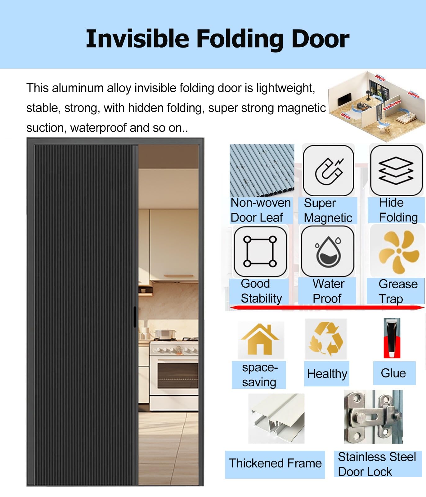 Porta pieghevole a fisarmonica nera con vetro acrilico, porte interne multiple per armadio, ufficio, cucina, hotel, ristorante, include accessori (193 x 203 cm)