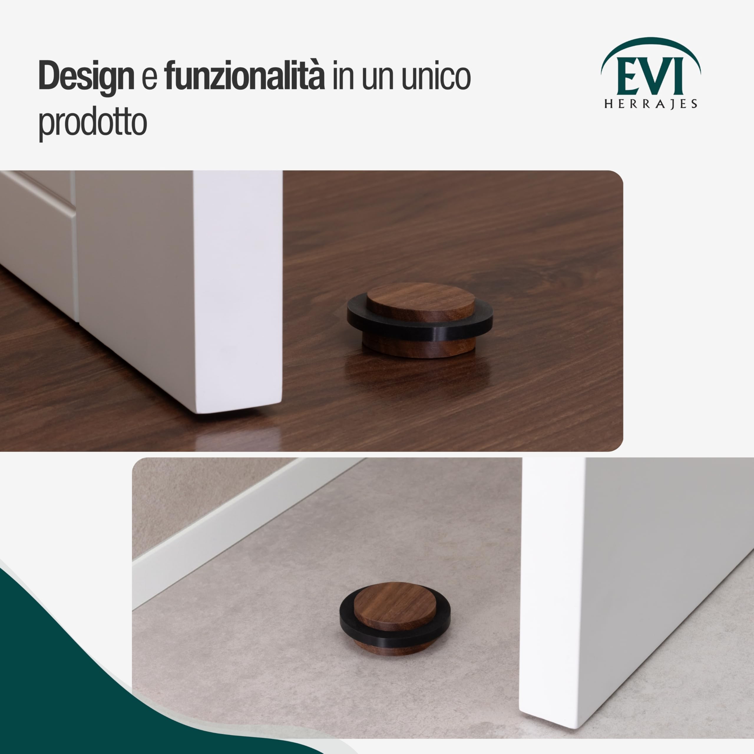 EVI Herrajes | Fermaporta in Legno | Legno di Noce con Gomma Nera | Ø47x22mm | Installazione Adesiva | Ottimo per il parquet | Mod.20345X19