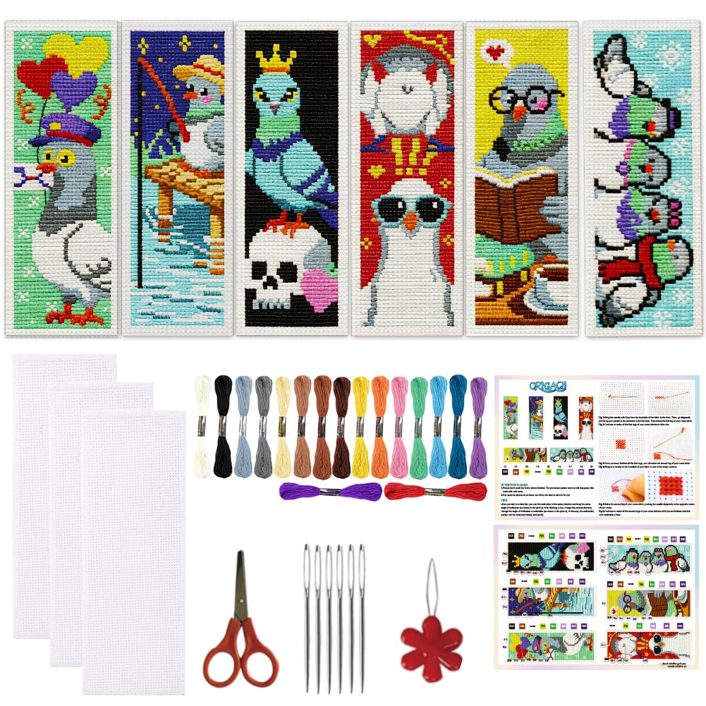 INFUNLY 6 Pcs Pigeon Cross Stitch Bookmark Starter Kit 7.6x21.6 cm DIY Embroidery Bookmark Kit with Skeletons Books Balloons Patterns Stamped Needlepoint Kit Gift Ready for Craft Gift