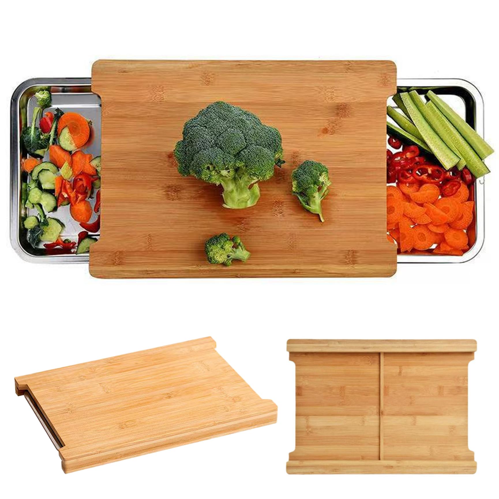 Tabla de cortar de bambú natural con bandeja deslizante antideslizante, práctica herramienta de cocina para cortar, cortar y tallar, ecológica y de diseño