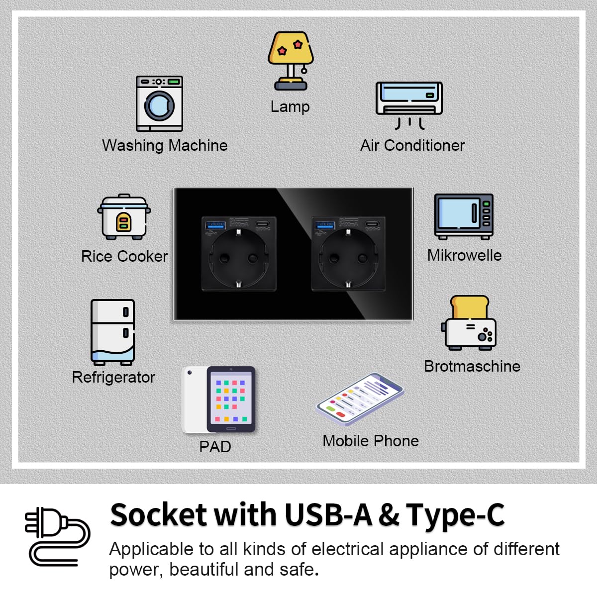 JIMEIDA Lot de 2 prises doubles avec USB en noir, prises Schuko en verre 16 A avec charge rapide, port USB et port de type C max. 3,1 A, 157 x 86 mm, 250 V, 2 prises