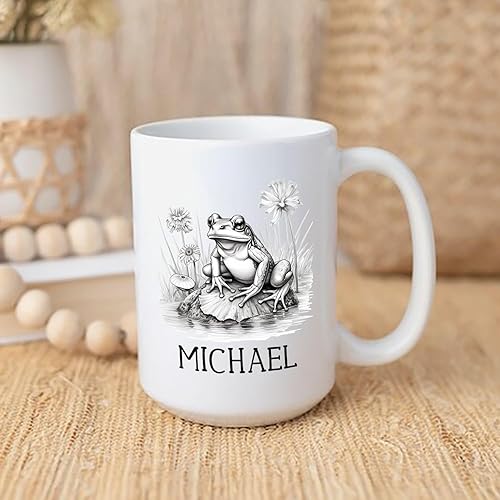 Miniatura 3 de Taza de café personalizada de rana con nombre, taza de cerámica blanca de rana personalizada de 11 y 15 onzas, taza de café de dibujo de lápiz de