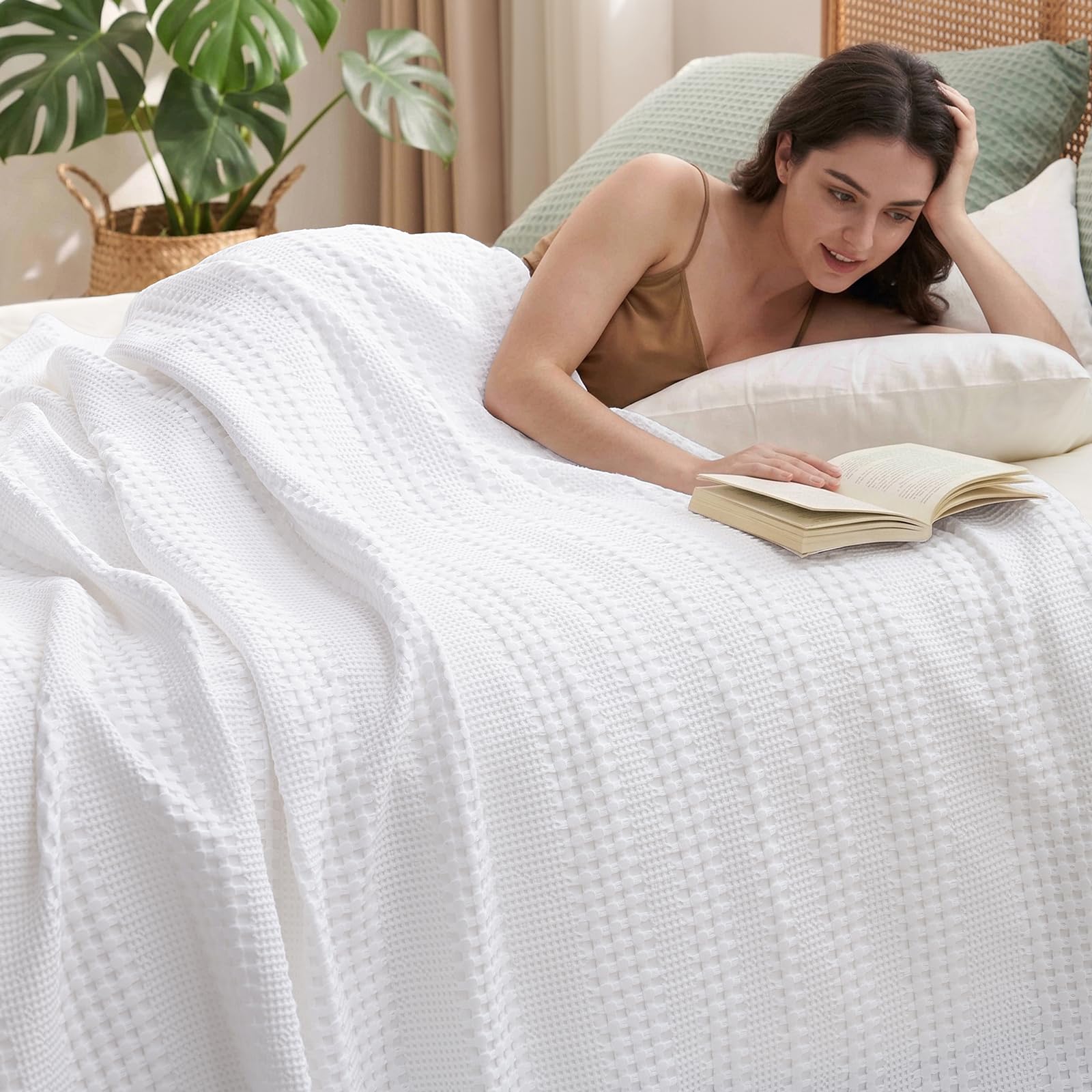phf cooling waffle blanket king size, lightweight 60% rayon from bamboo & 40% cotton breathable blanket for hot sleepers, spring & summer use, soft luxury for bed couch sofa, 104"x90", white