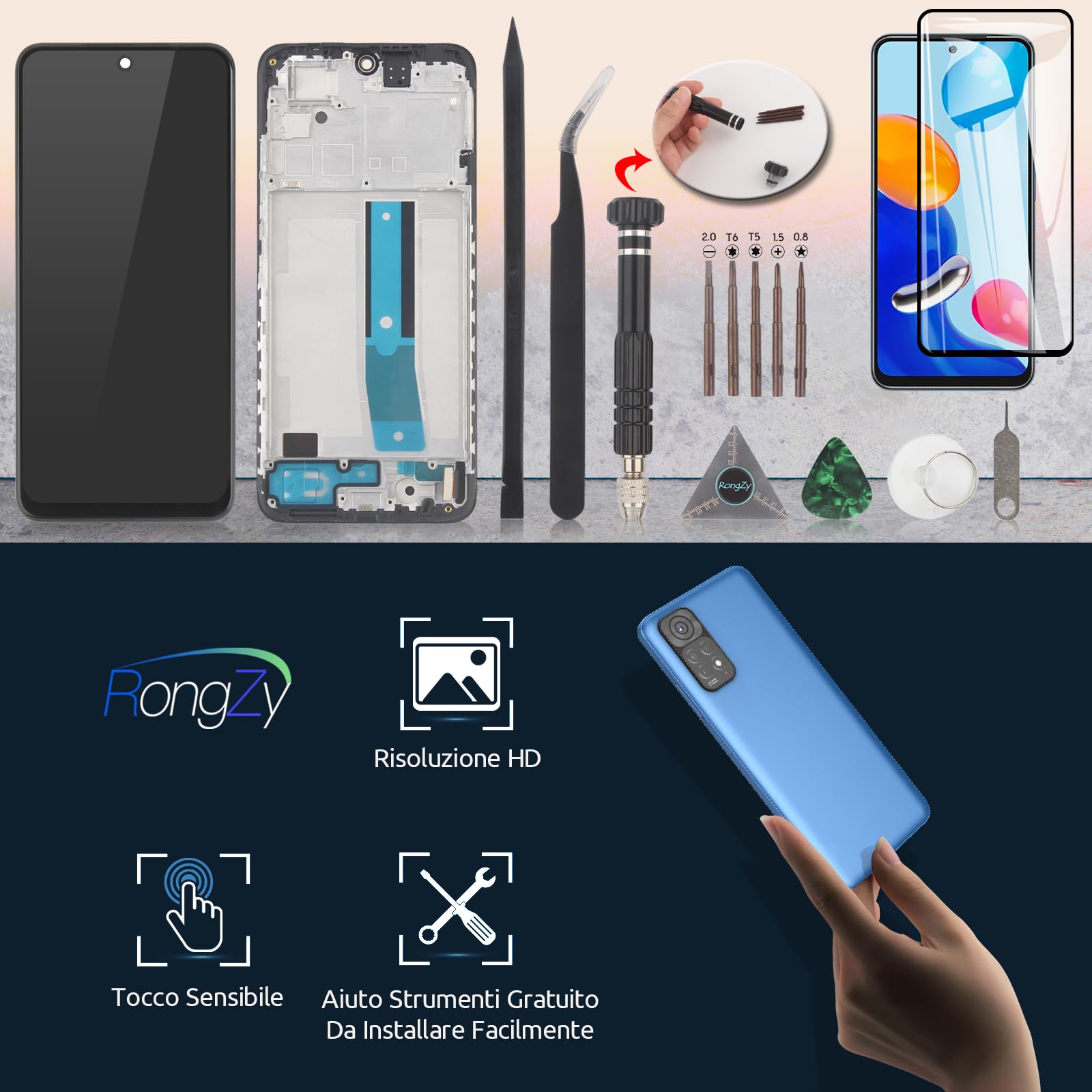 RongZy LCD Schermo per 6.43" Xiaomi Redmi Note 11 2201117TG/2201117TI/2201117TY/2201117TL Display Digitizer Assembly Vetro di Ricambio Touch Screen con Strumenti(Nero con Cornice)