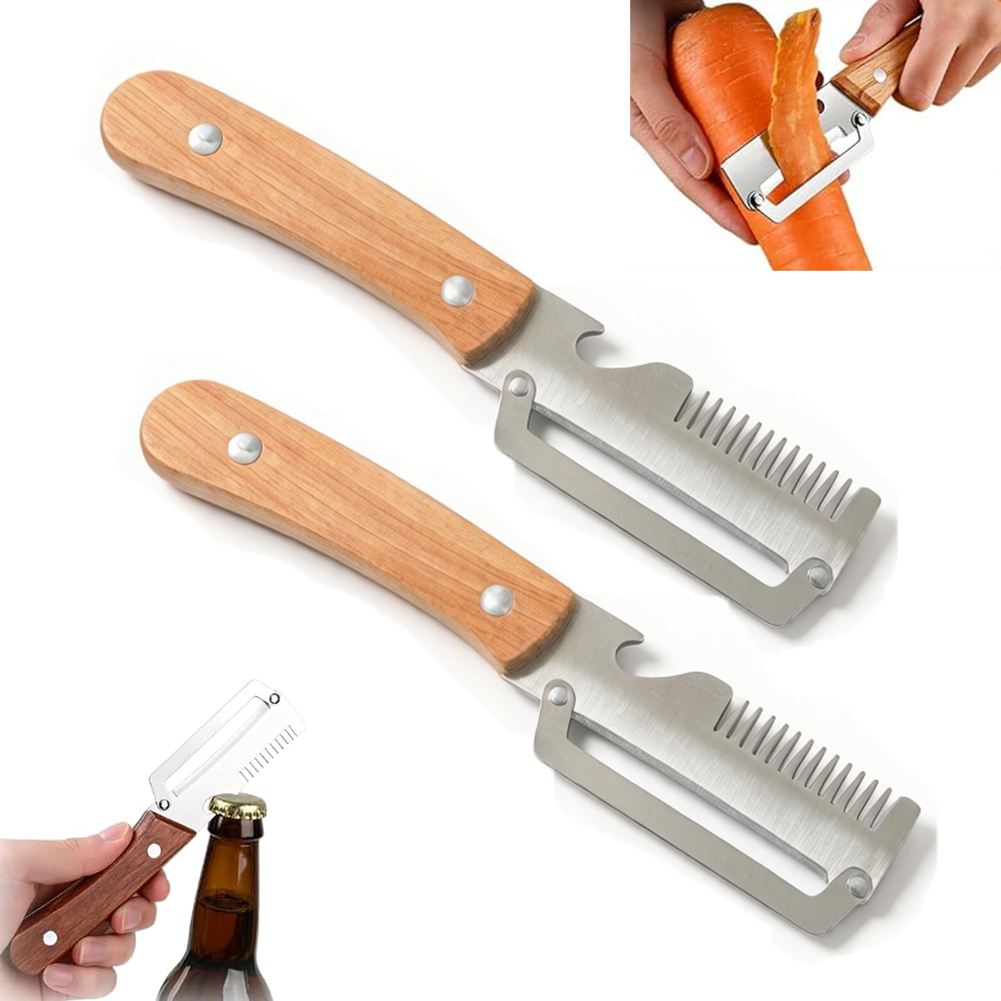 Photo 1 of 2-Pack Multi-Functional Vegetable Peeler Set – 3-in-1 Stainless Steel Fruit & Vegetable Peeler with Wooden Handle for Peeling, Shredding, and Opening Bottles