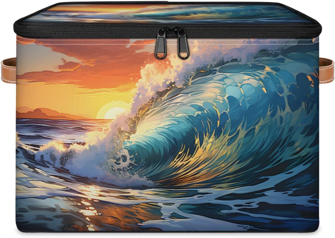 Storage Bin Set of 2 Seawater Sunset Storage Basket with Zipper Lid & Handle Foldable Closet Shelf 2 Pack Cloth Organizer Basket Cube Bins Clothes Organizer for Nursery, Bedroom