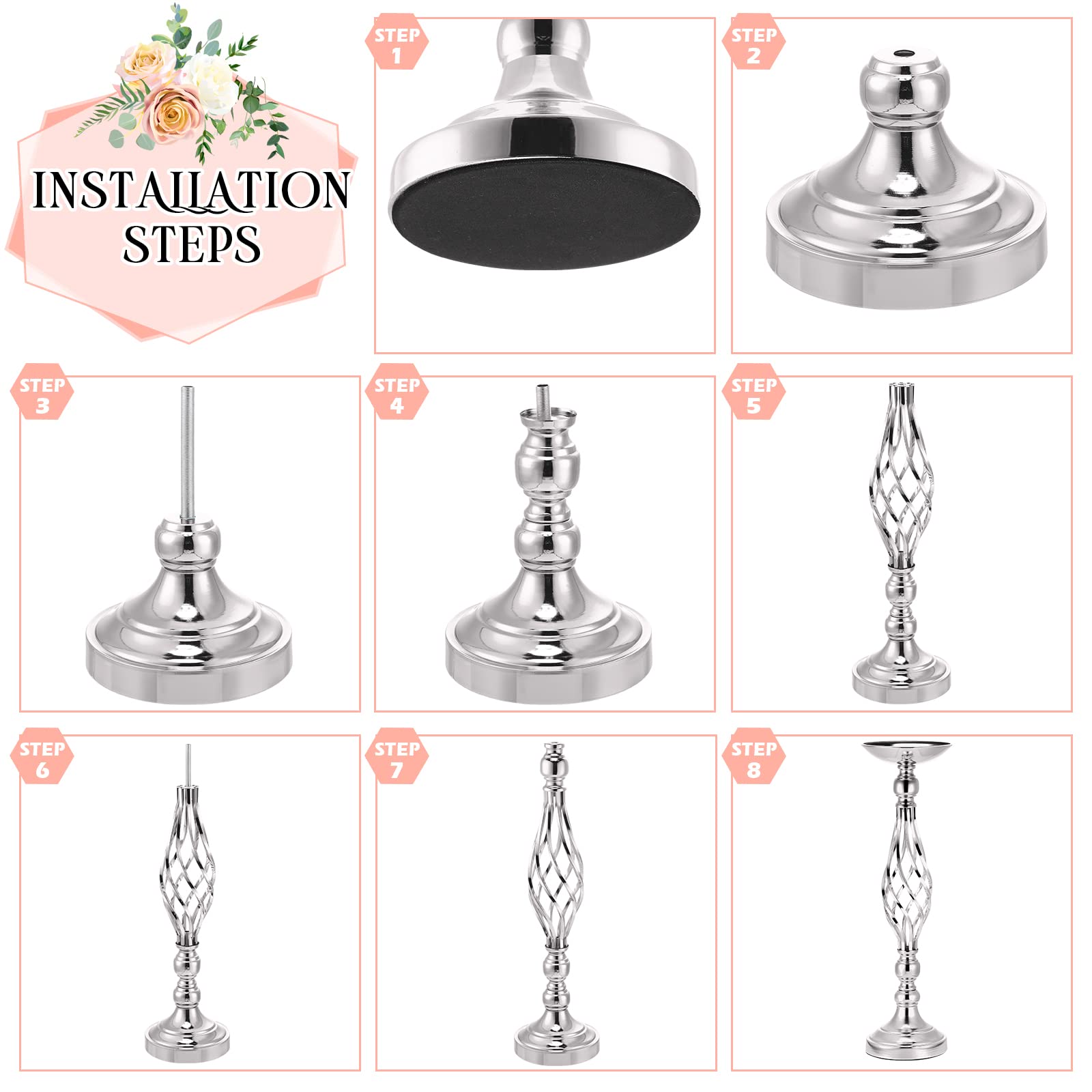 Metalowy stojak na kwiaty, ślubny, centralny stojak na kwiaty, elegancki metalowy wazon na kwiaty, świecznik, na wesele, przyjęcie, stół, imprezę, hotel, wystrój domu, średni, srebrny, 20 szt
